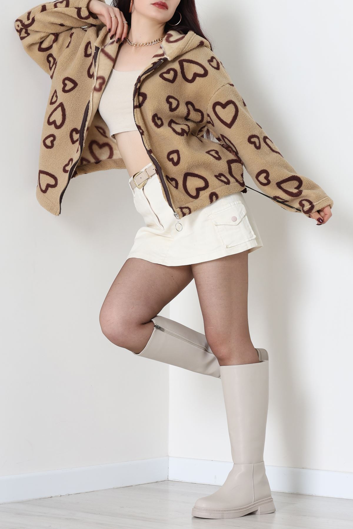 Baskılı Kapşonlu Polar Ceket Vizonkahve - 31711.1247.