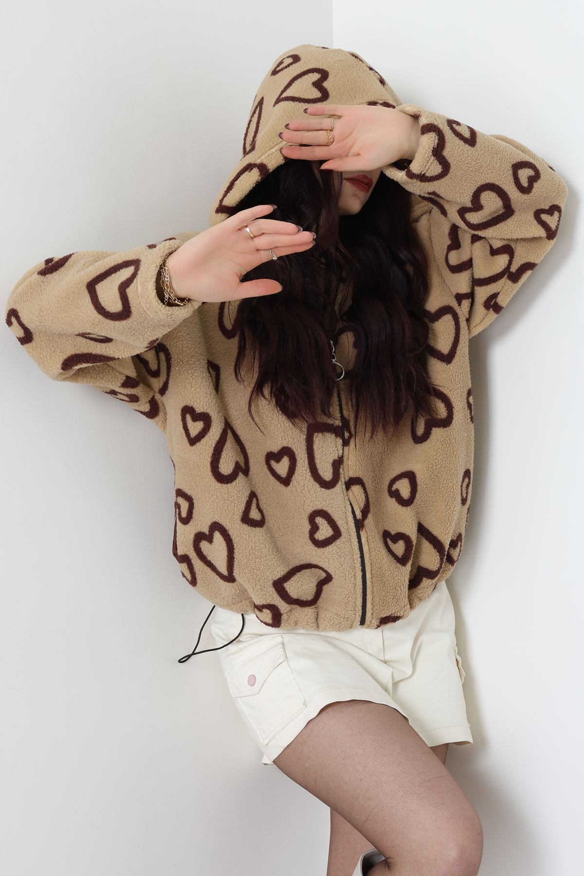 Baskılı Kapşonlu Polar Ceket Vizonkahve - 31711.1247.