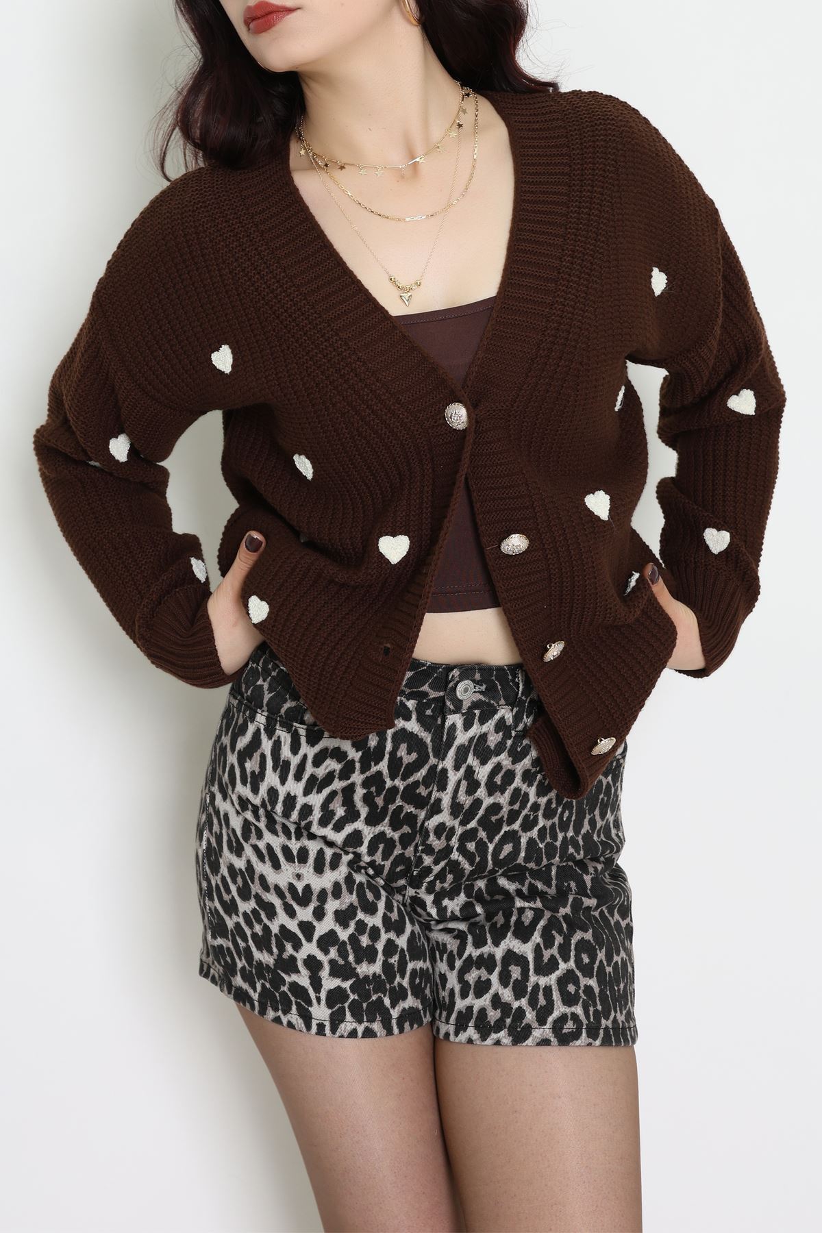 Nakışlı Kalpli Hırka Kahvelatte - 444.1577.