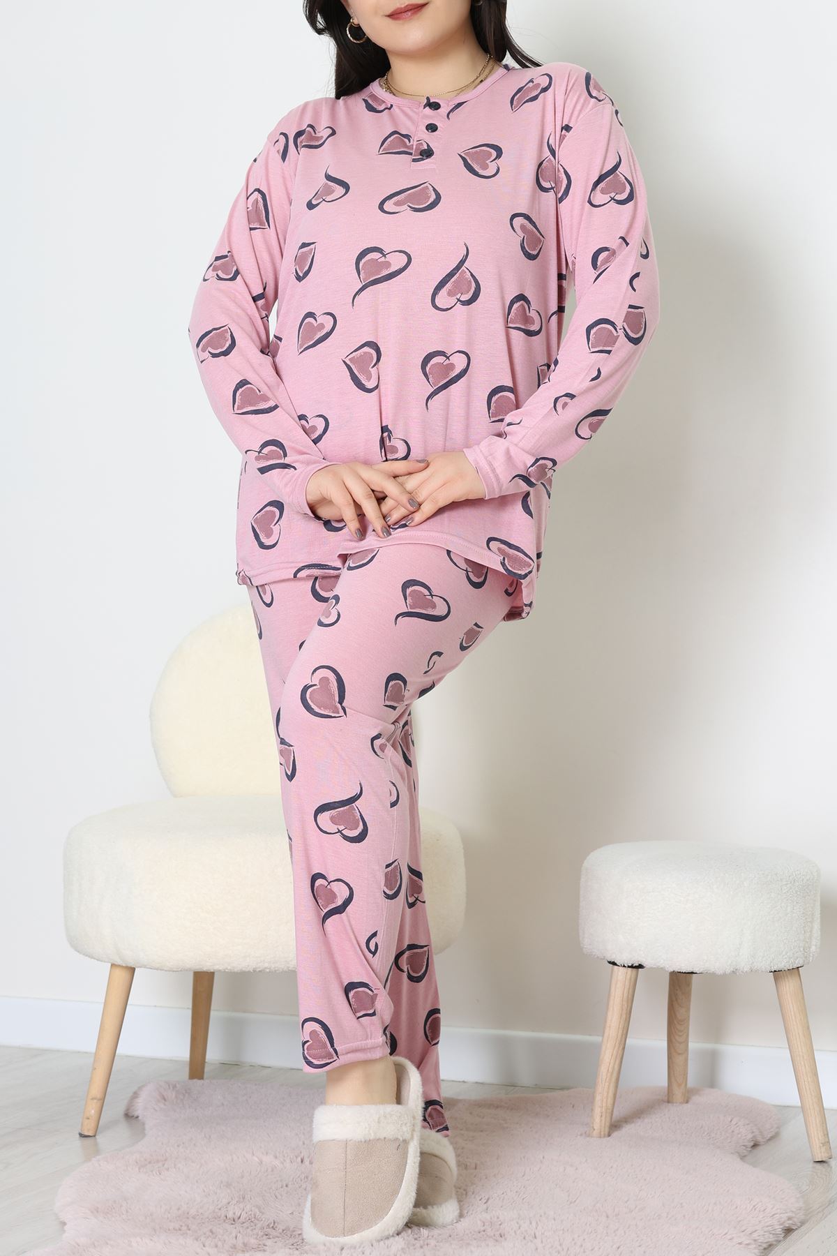 Ring Viskon Büyük Beden Pijama Takımı Pembe - 52202.1961.
