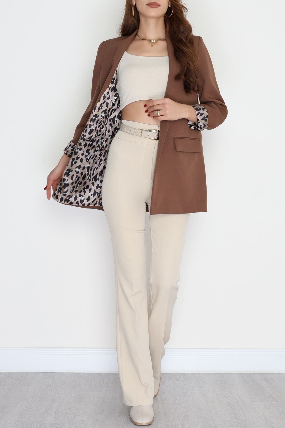 Leopar Astarlı Blazer Ceket Kahve - 51500.1909.
