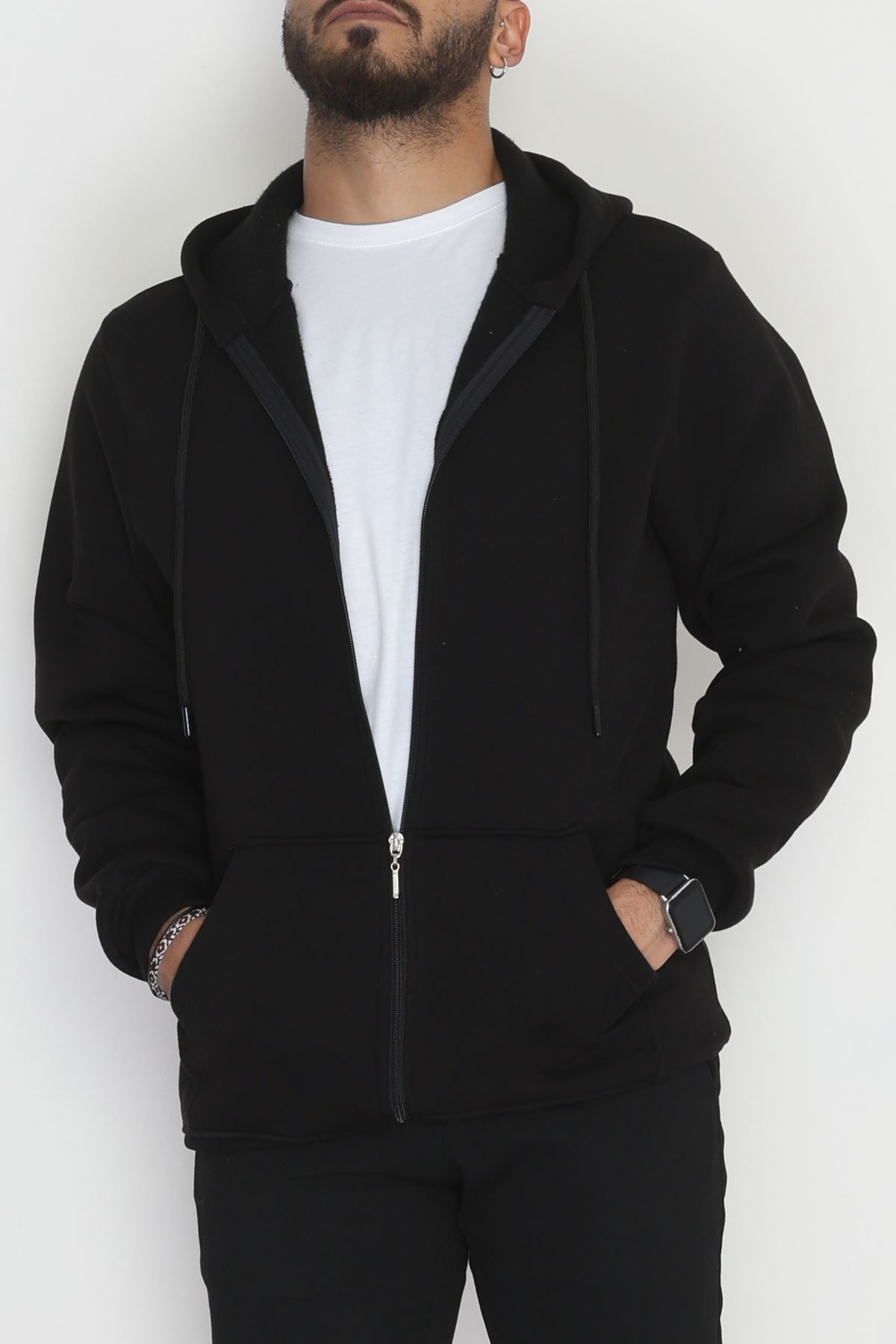 Kapşonlu Fermuarlı 3 İplik Erkek Sweat Siyah - 42575.1878.