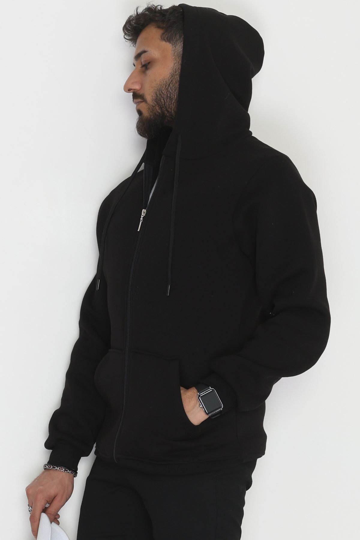 Kapşonlu Fermuarlı 3 İplik Erkek Sweat Siyah - 42575.1878.