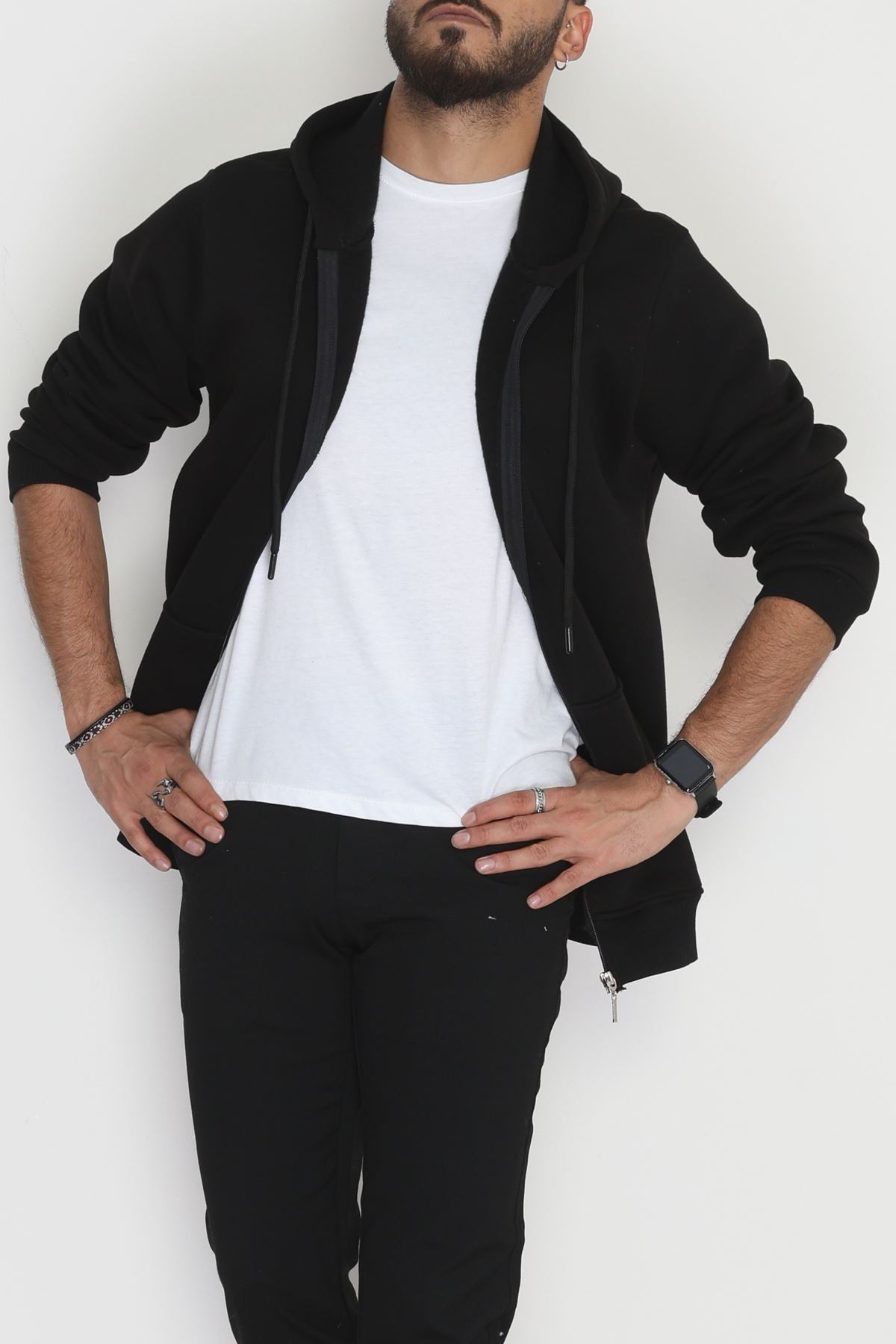 Kapşonlu Fermuarlı 3 İplik Erkek Sweat Siyah - 42575.1878.