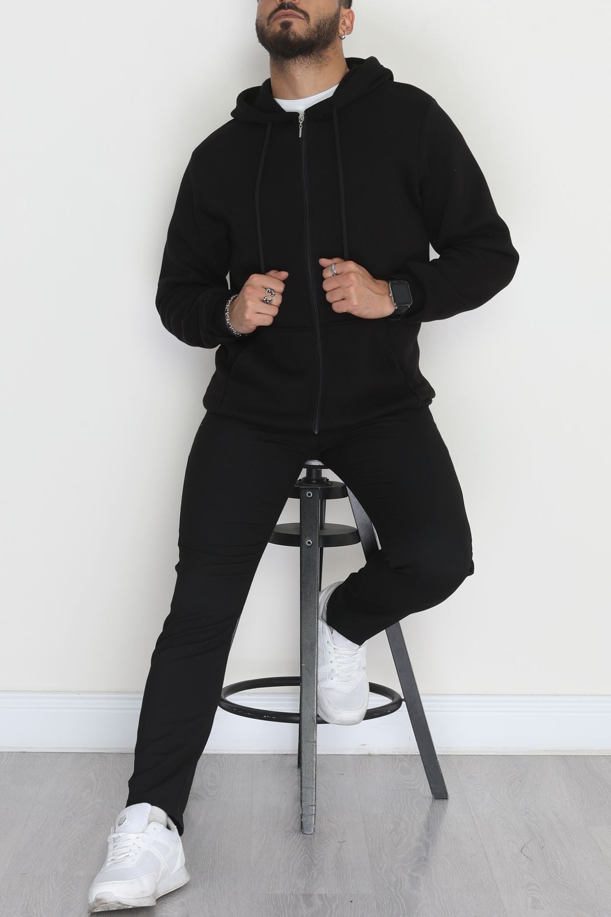 Kapşonlu Fermuarlı 3 İplik Erkek Sweat Siyah - 42575.1878.