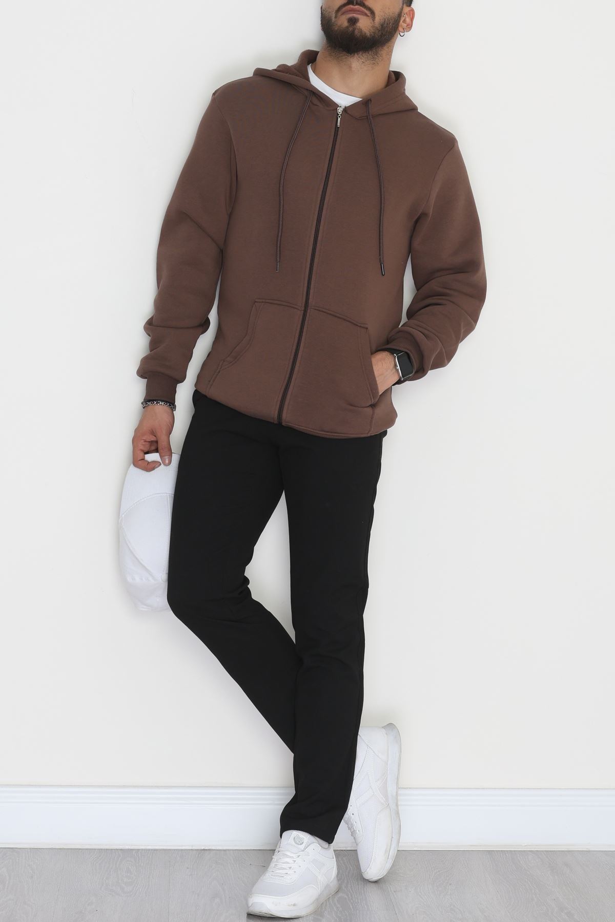 Kapşonlu Fermuarlı 3 İplik Erkek Sweat Kahve - 42575.1878.