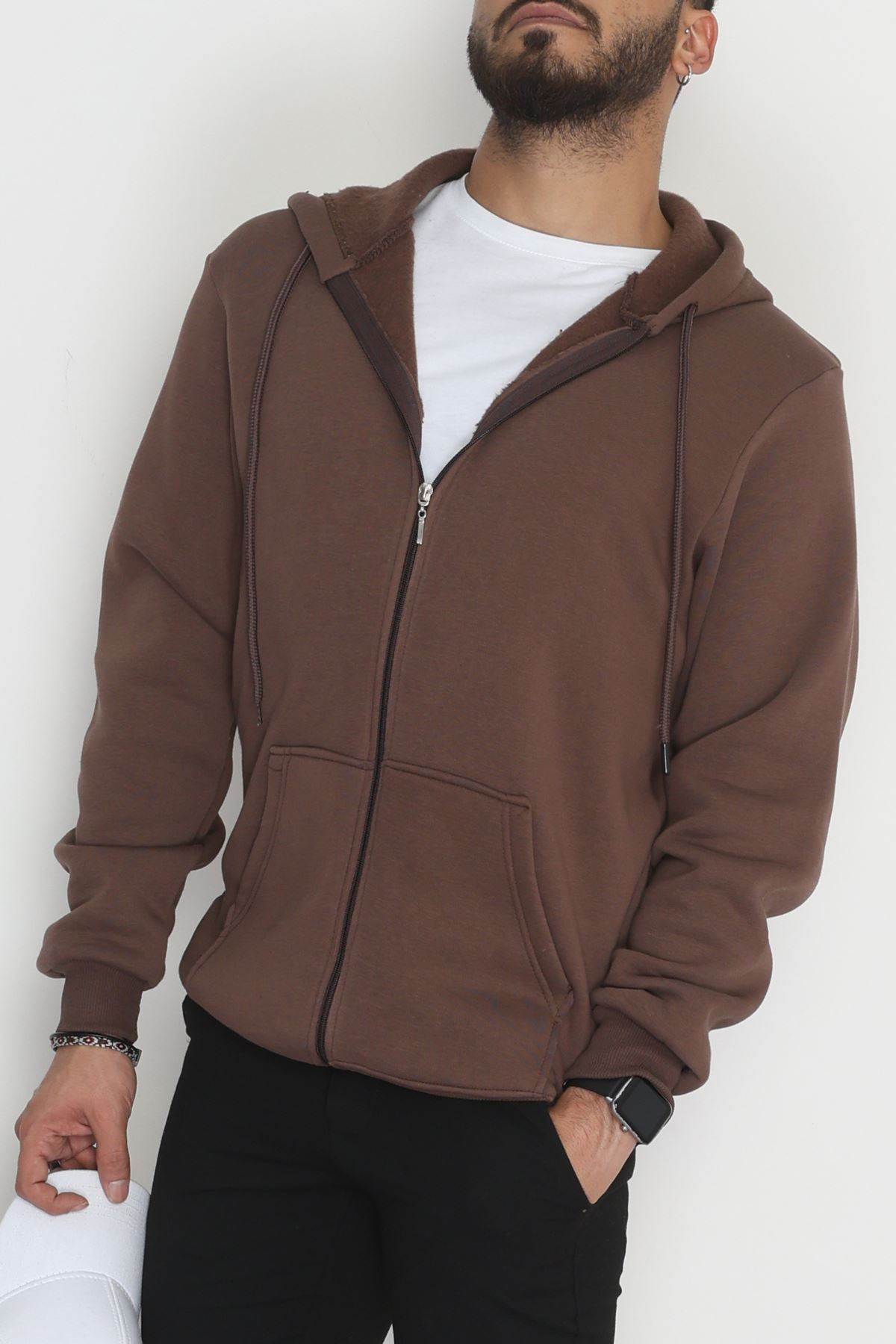 Kapşonlu Fermuarlı 3 İplik Erkek Sweat Kahve - 42575.1878.