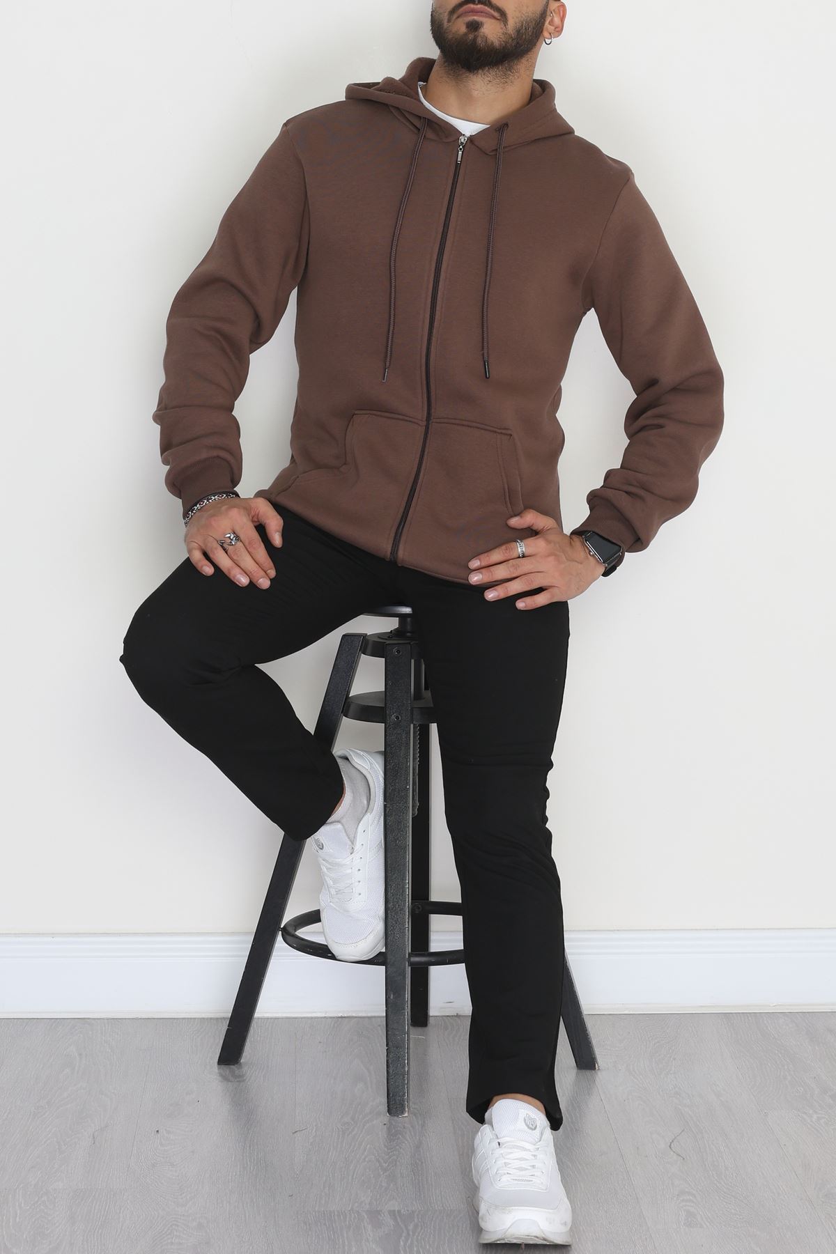 Kapşonlu Fermuarlı 3 İplik Erkek Sweat Kahve - 42575.1878.