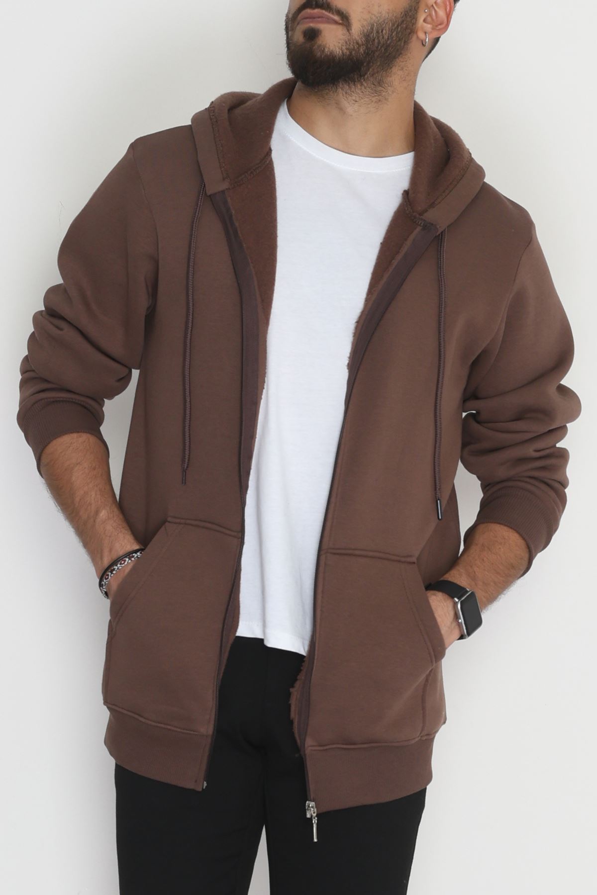 Kapşonlu Fermuarlı 3 İplik Erkek Sweat Kahve - 42575.1878.