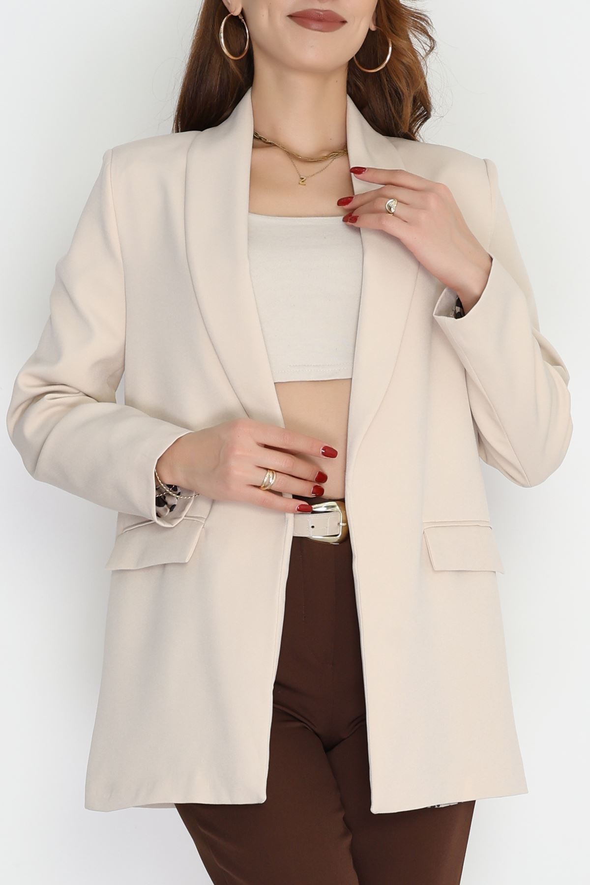 Leopar Astarlı Blazer Ceket Bej - 51500.1909.