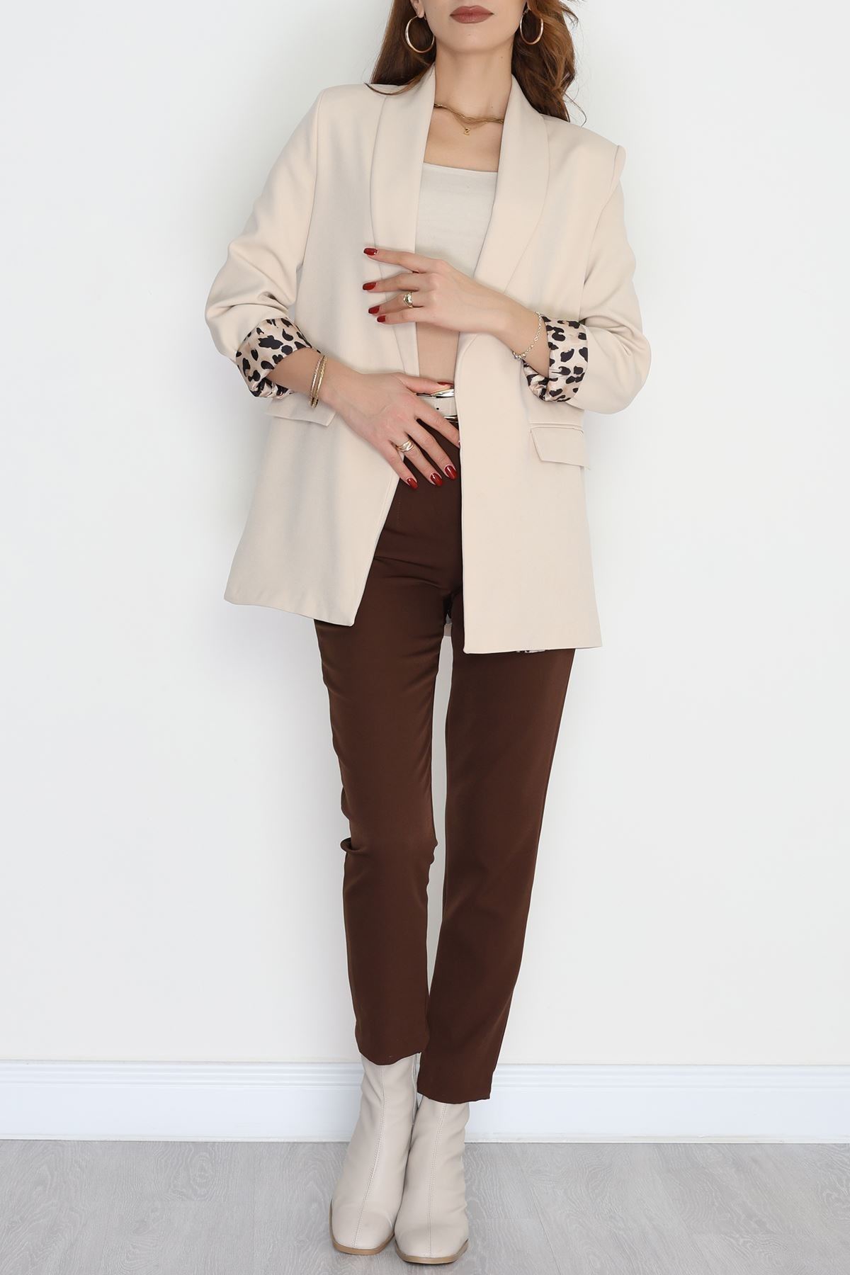 Leopar Astarlı Blazer Ceket Bej - 51500.1909.