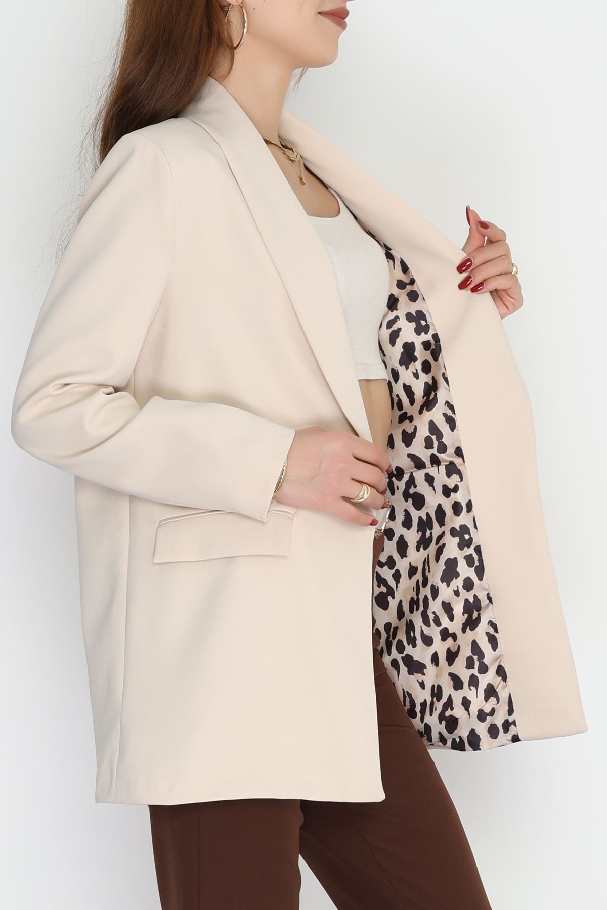 Leopar Astarlı Blazer Ceket Bej - 51500.1909.