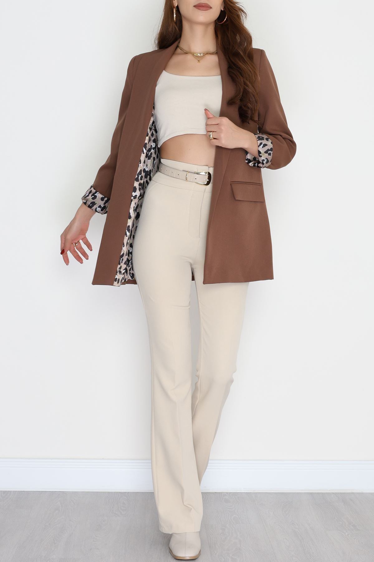 Leopar Astarlı Blazer Ceket Kahve - 51500.1909.