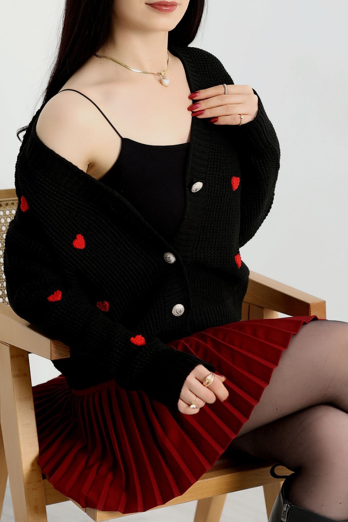 Nakışlı Crop Hırka Siyahkırmızı - 443.1577.