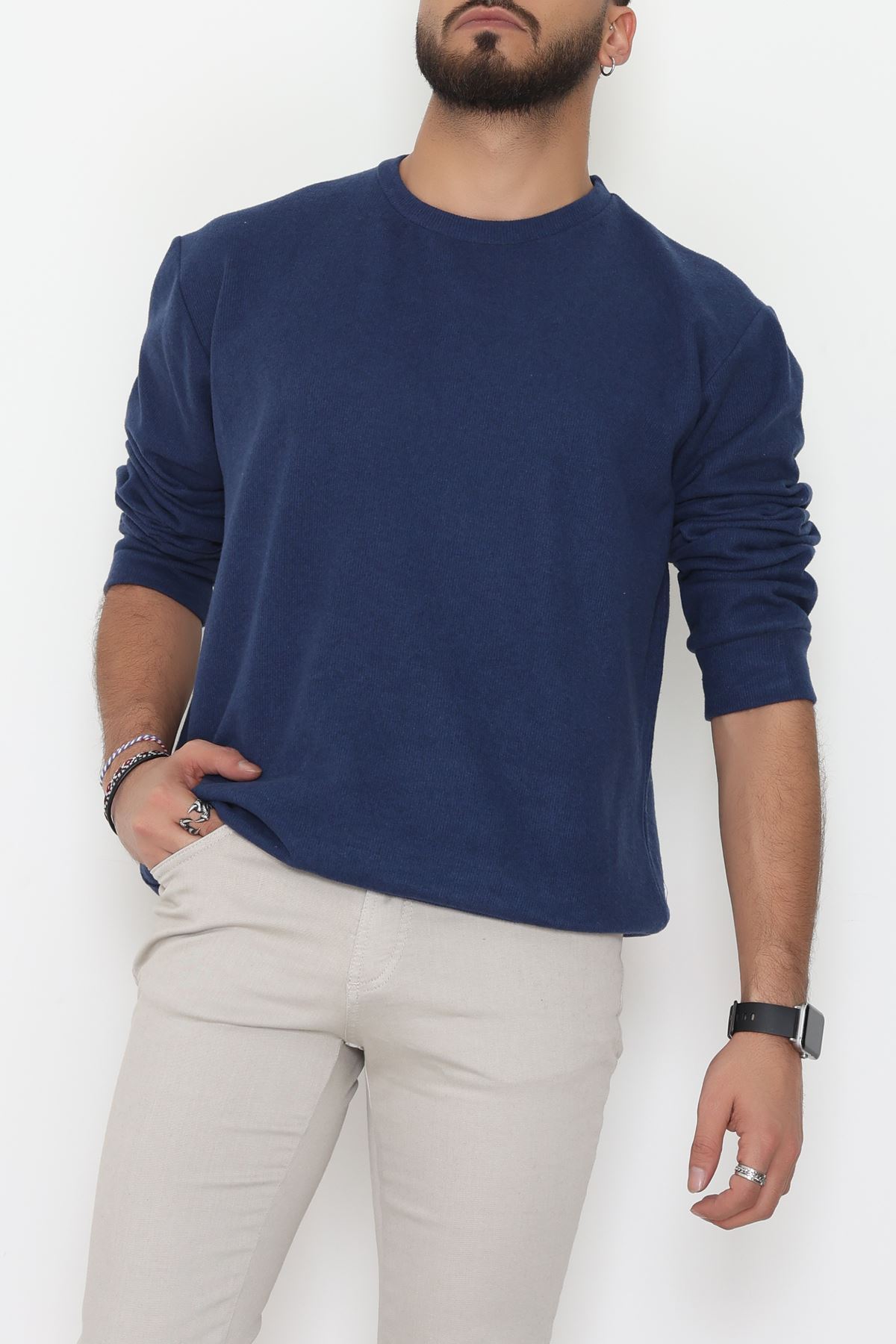 Bisiklet Yaka Selanik Kumaş Erkek Sweat Lacivert - 42674.1567.