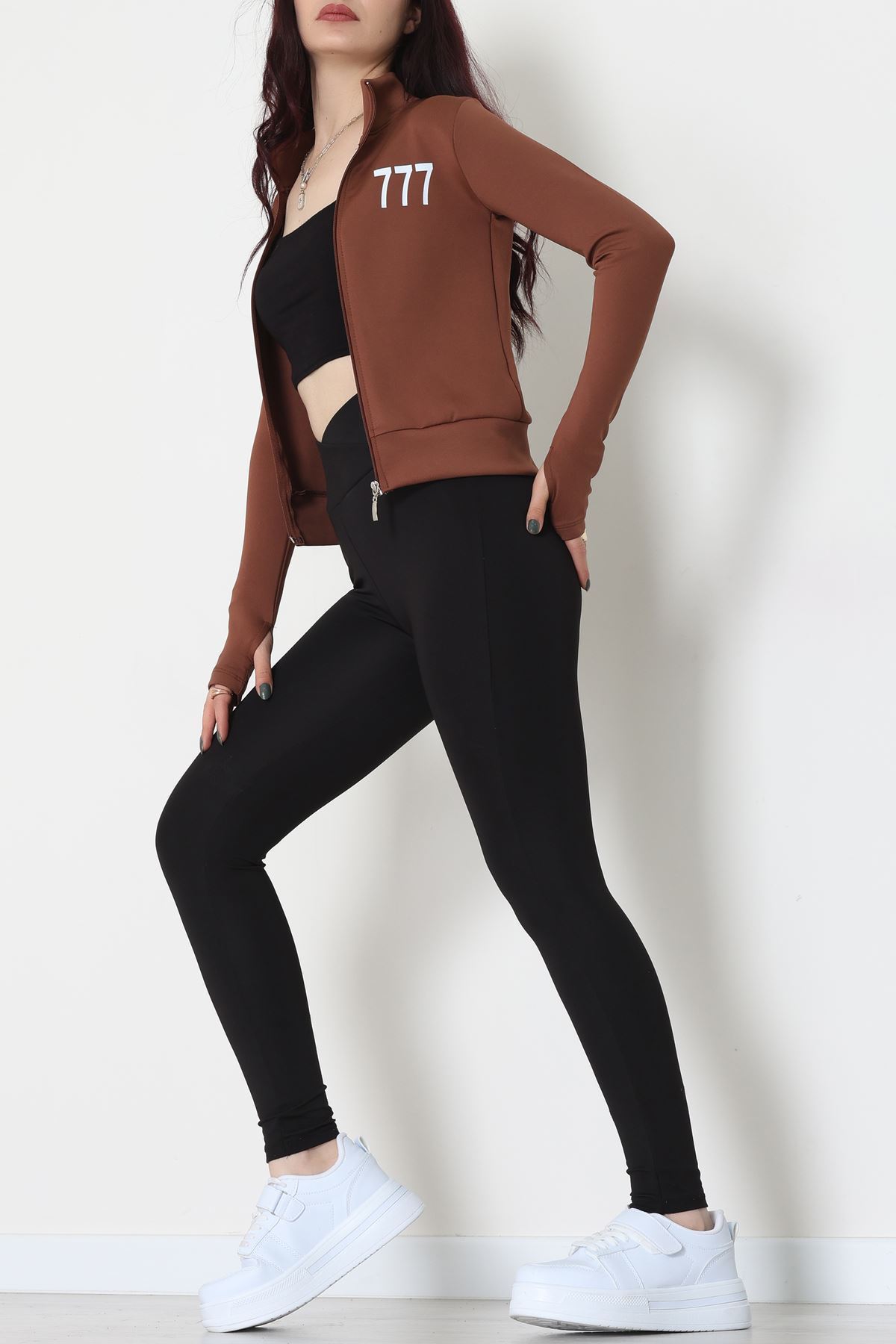 Double Krep Kumaş Parmak Geçmeli Baskılı Ceket Acıkahve - 42783.1567.