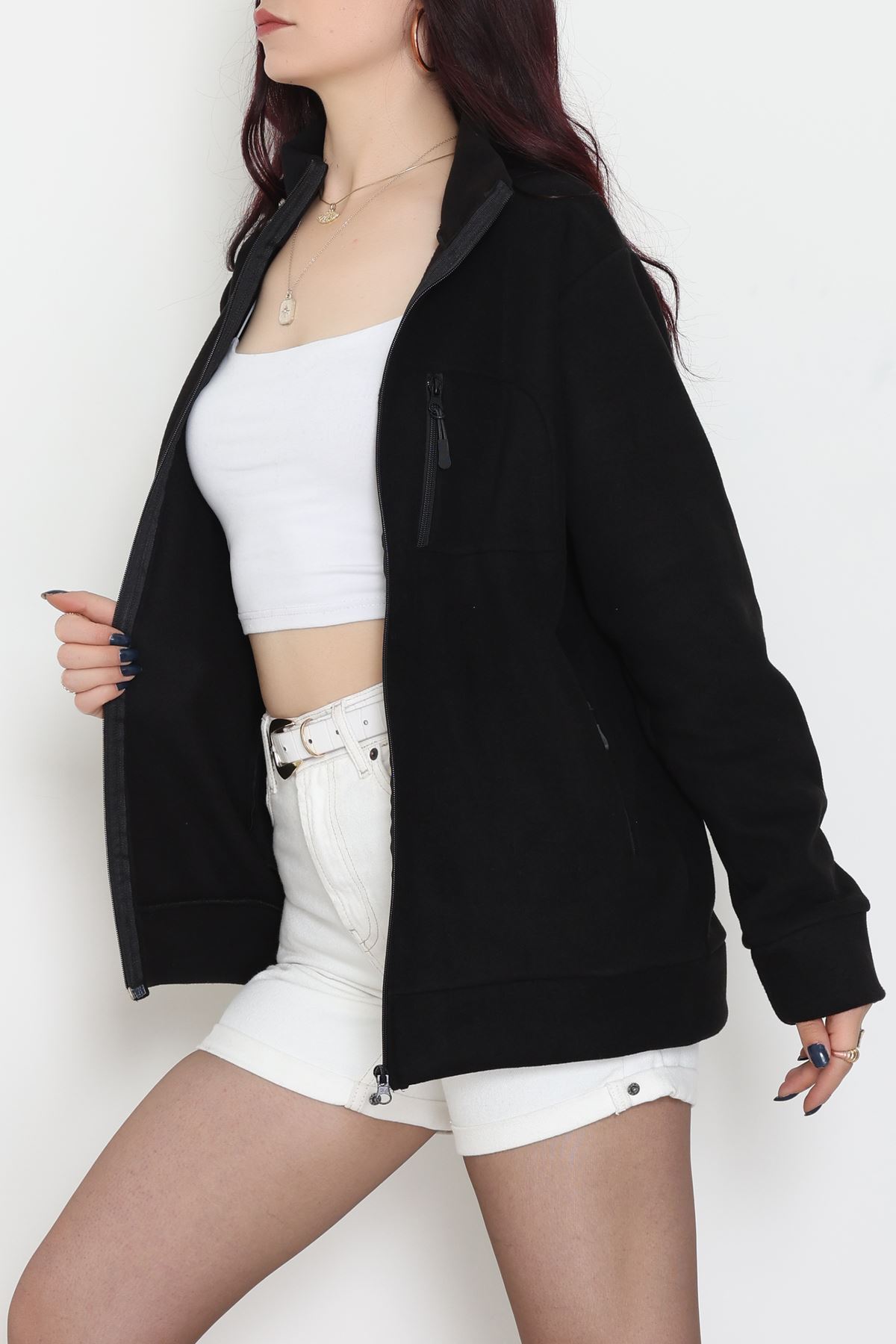 Fermuarlı Dik Yaka Polar Ceket Siyah - 52113.053.