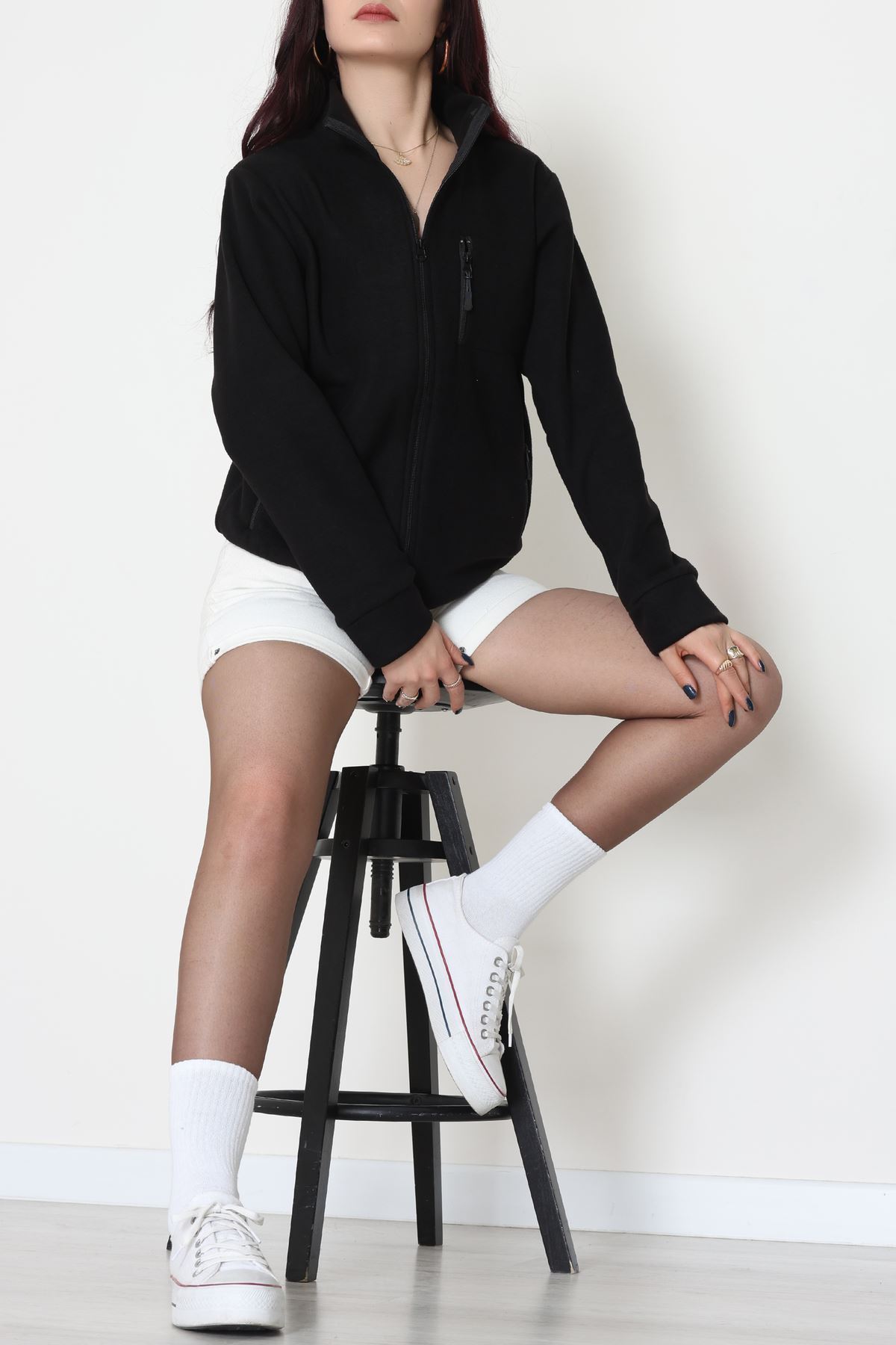 Fermuarlı Dik Yaka Polar Ceket Siyah - 52113.053.