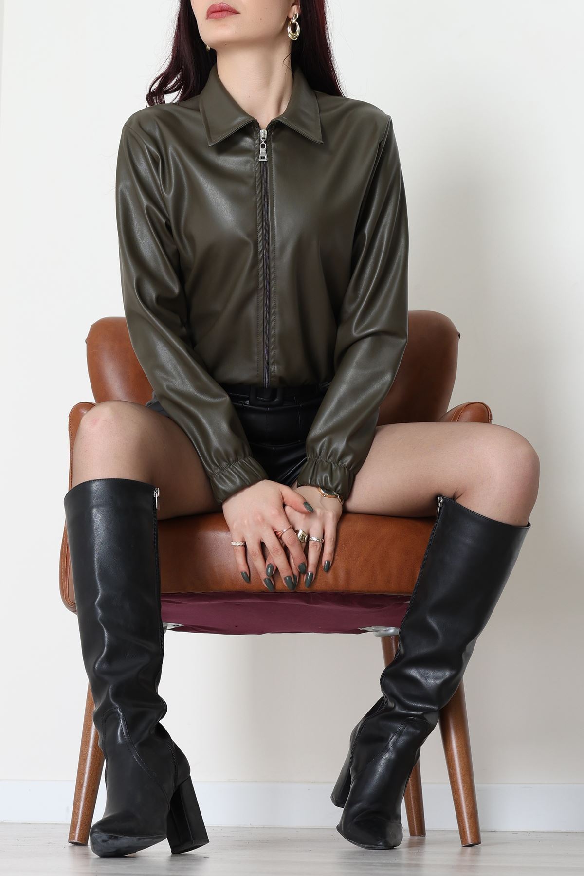 İçi Şardonlu Deri Ceket Haki - 31645.1837.