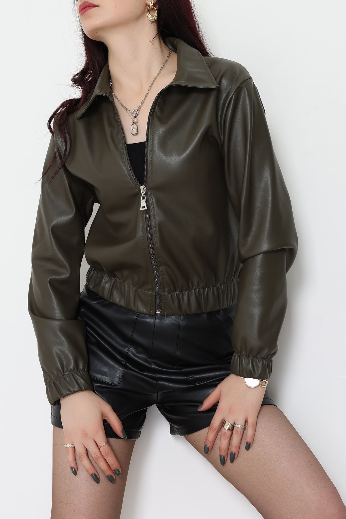 İçi Şardonlu Deri Ceket Haki - 31645.1837.