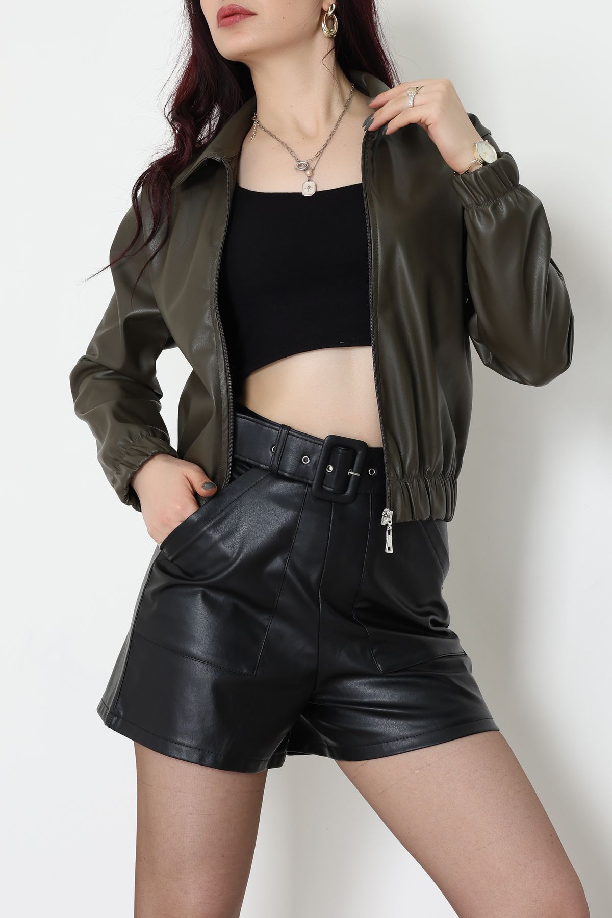 İçi Şardonlu Deri Ceket Haki - 31645.1837.