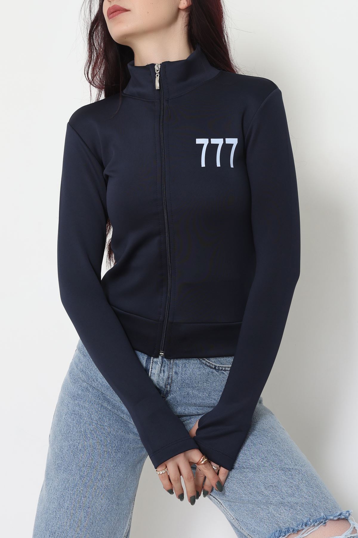 Double Krep Kumaş Parmak Geçmeli Baskılı Ceket Lacivert - 42783.1567.