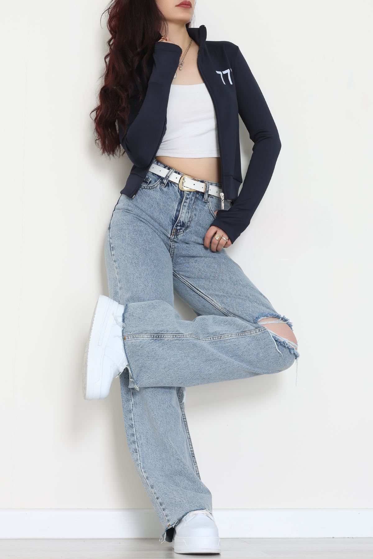 Double Krep Kumaş Parmak Geçmeli Baskılı Ceket Lacivert - 42783.1567.