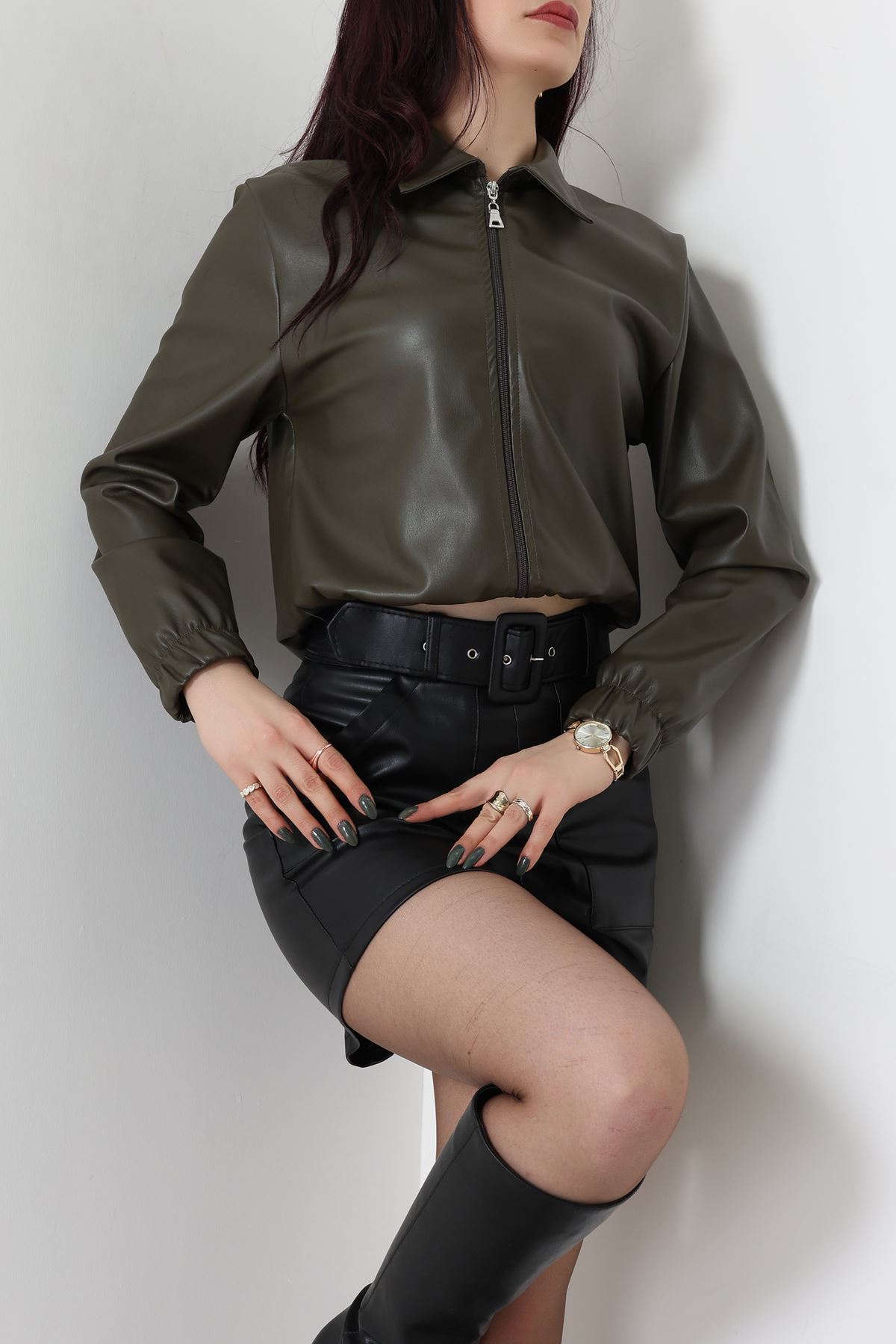 İçi Şardonlu Deri Ceket Haki - 31645.1837.