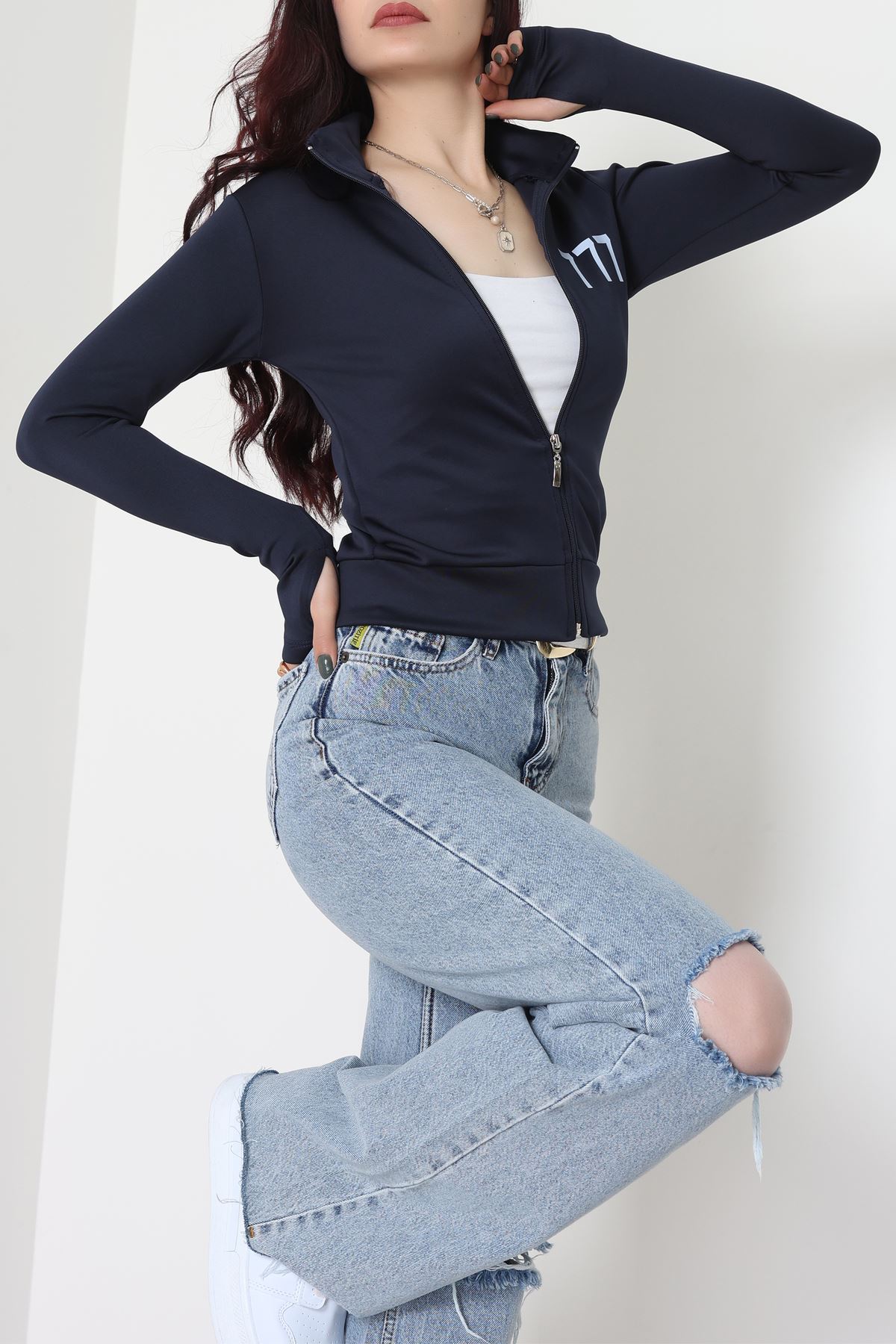 Double Krep Kumaş Parmak Geçmeli Baskılı Ceket Lacivert - 42783.1567.