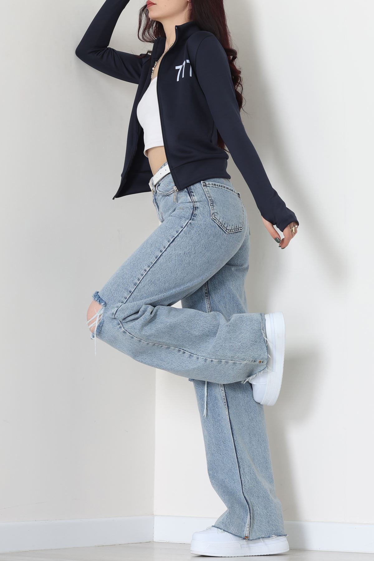 Double Krep Kumaş Parmak Geçmeli Baskılı Ceket Lacivert - 42783.1567.