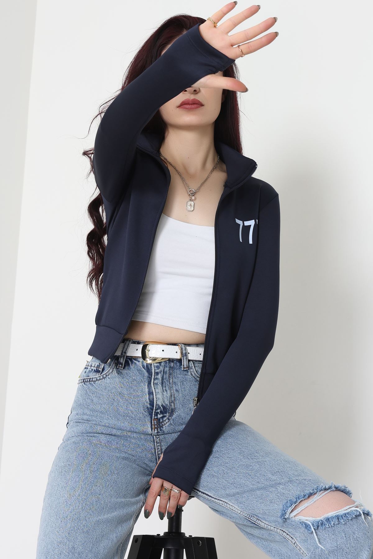 Double Krep Kumaş Parmak Geçmeli Baskılı Ceket Lacivert - 42783.1567.