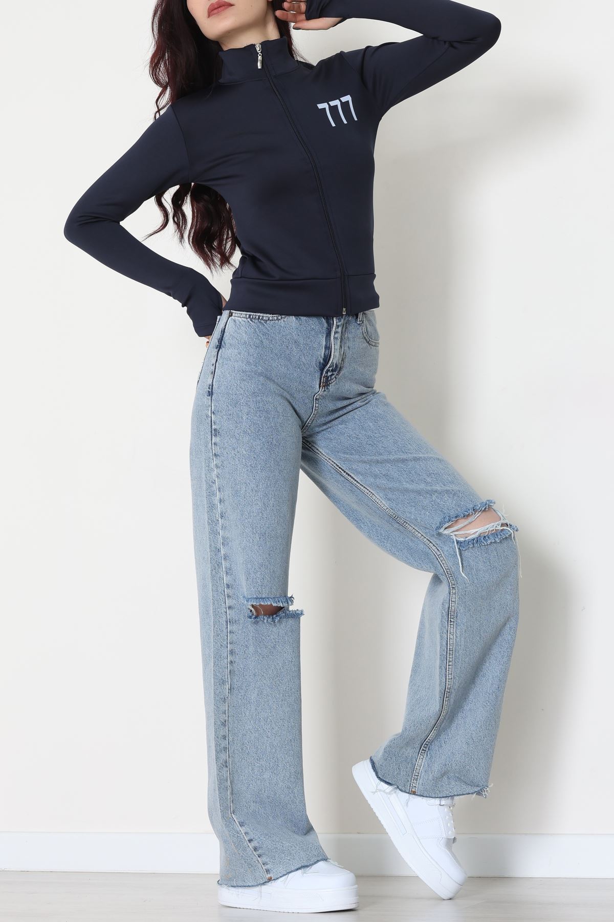 Double Krep Kumaş Parmak Geçmeli Baskılı Ceket Lacivert - 42783.1567.