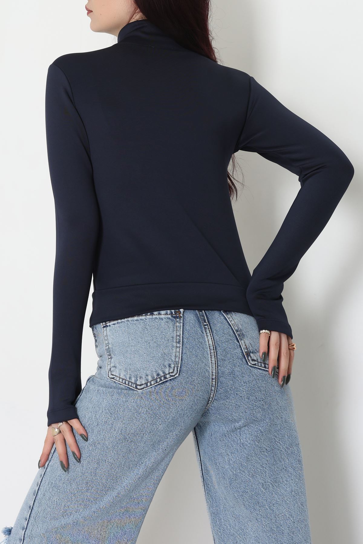 Double Krep Kumaş Parmak Geçmeli Baskılı Ceket Lacivert - 42783.1567.