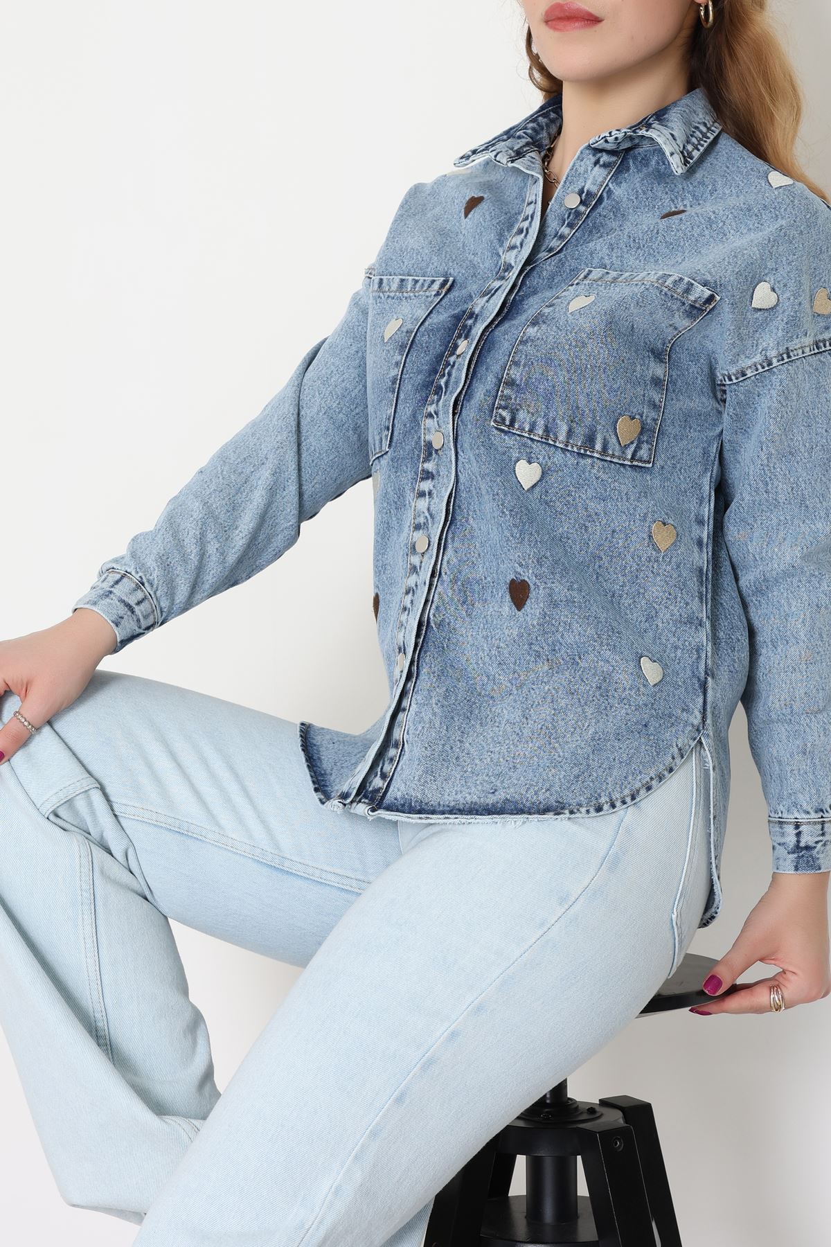 Kalp Nakışlı Kot Ceket Mavi - 31784.683.