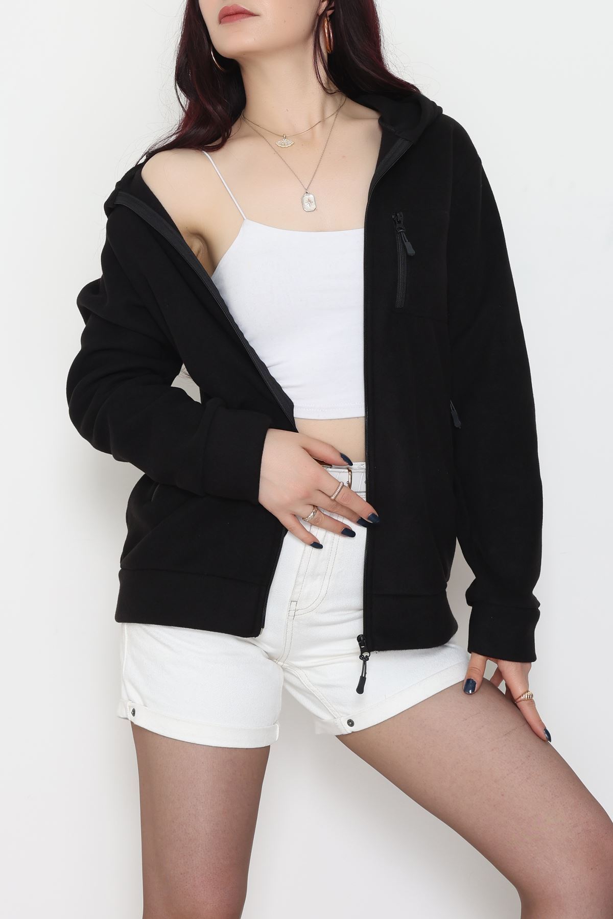 Fermuarlı Kapşonlu Polar Ceket Siyah - 52114.053.