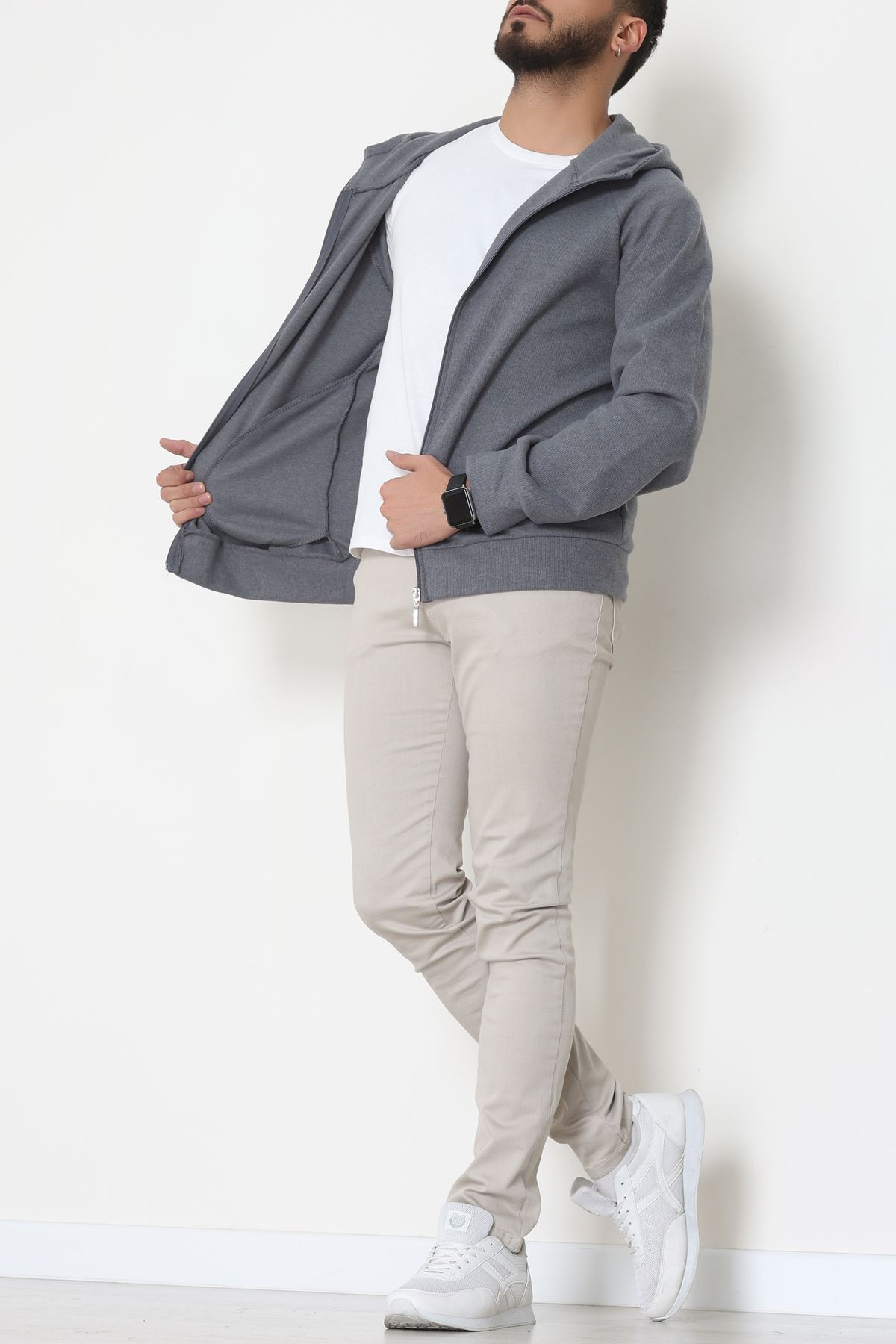 Selanik Kumaş Kapşonlu Erkek Sweat Füme - 42799.1567.