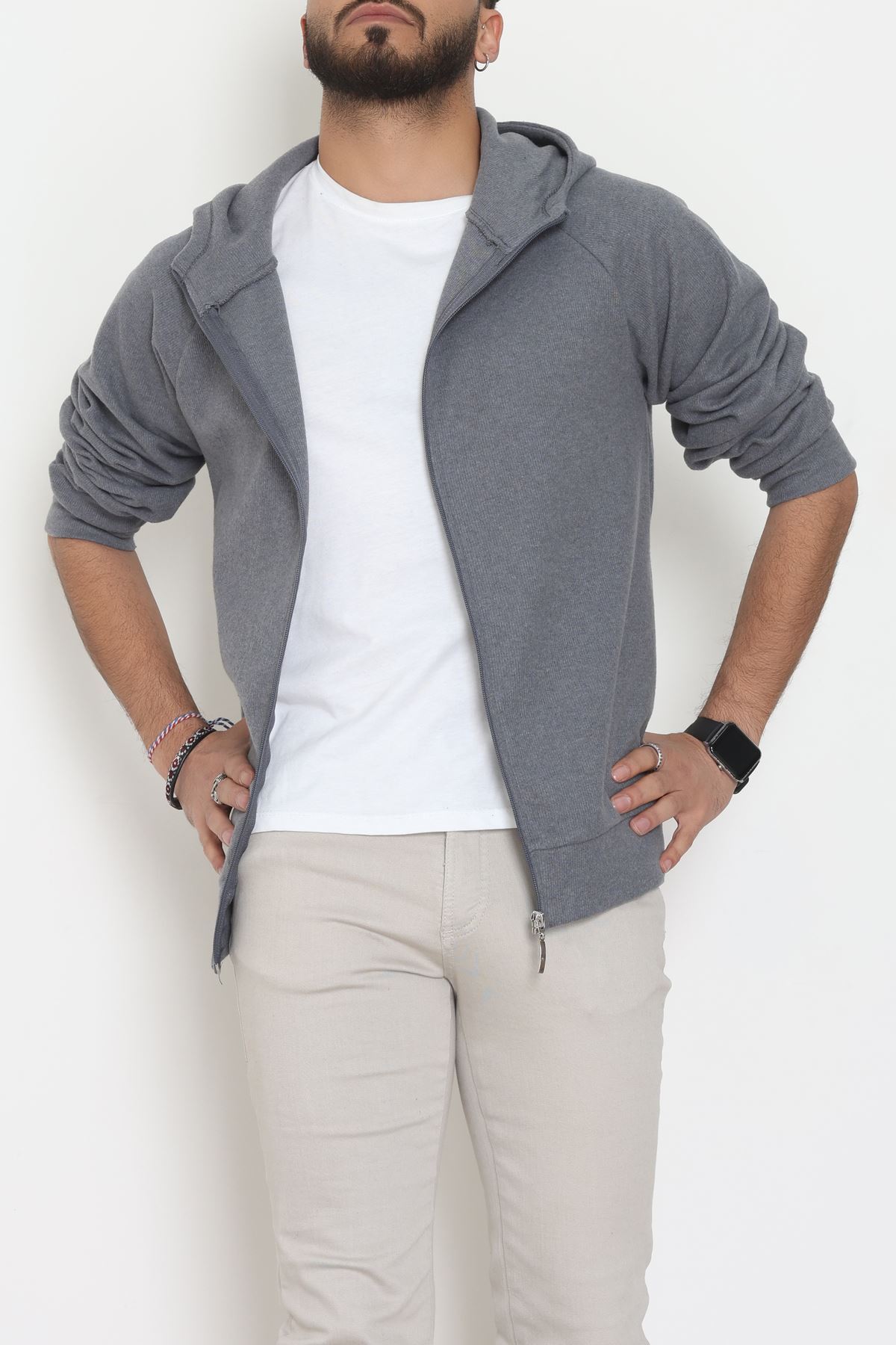 Selanik Kumaş Kapşonlu Erkek Sweat Füme - 42799.1567.