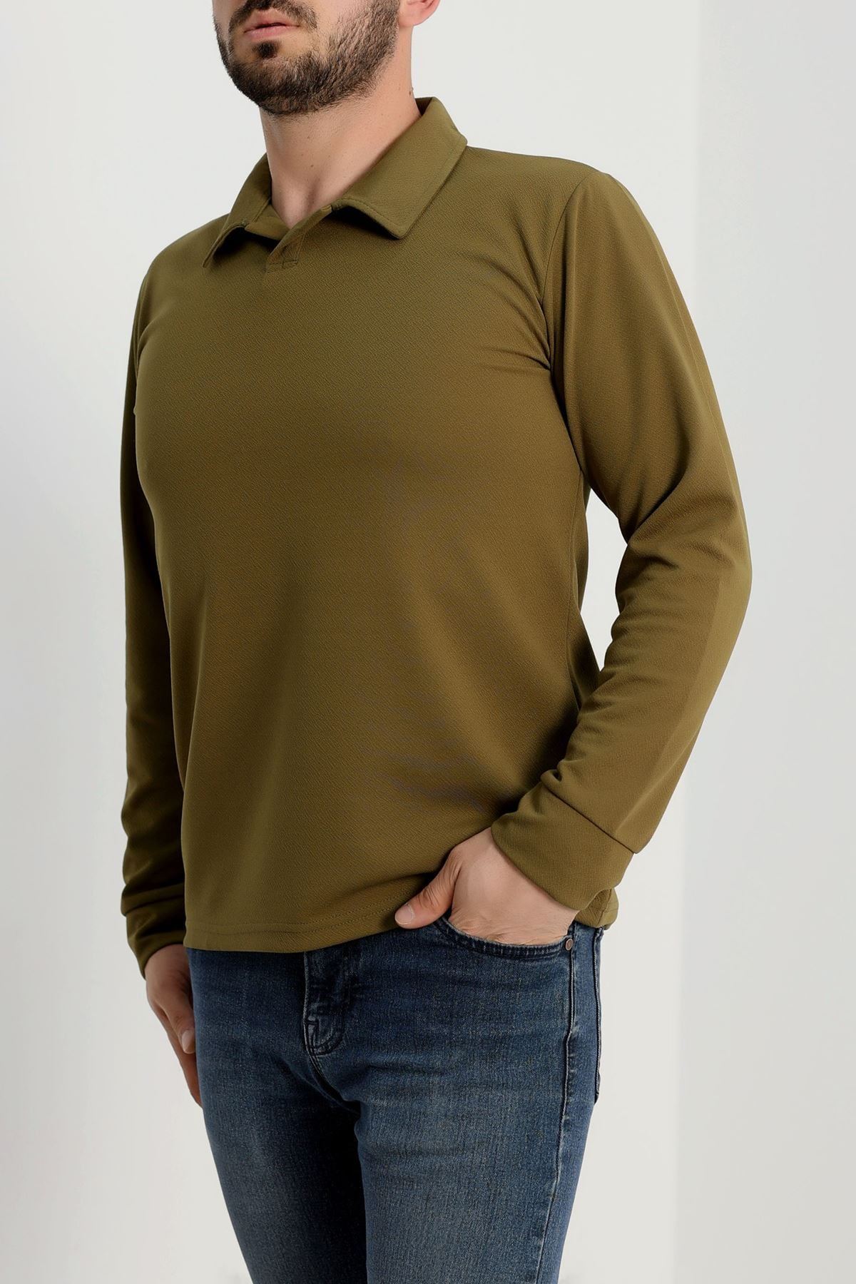 Zra Krep Polo Yaka Erkek Sweat Haki - 42186.1937.