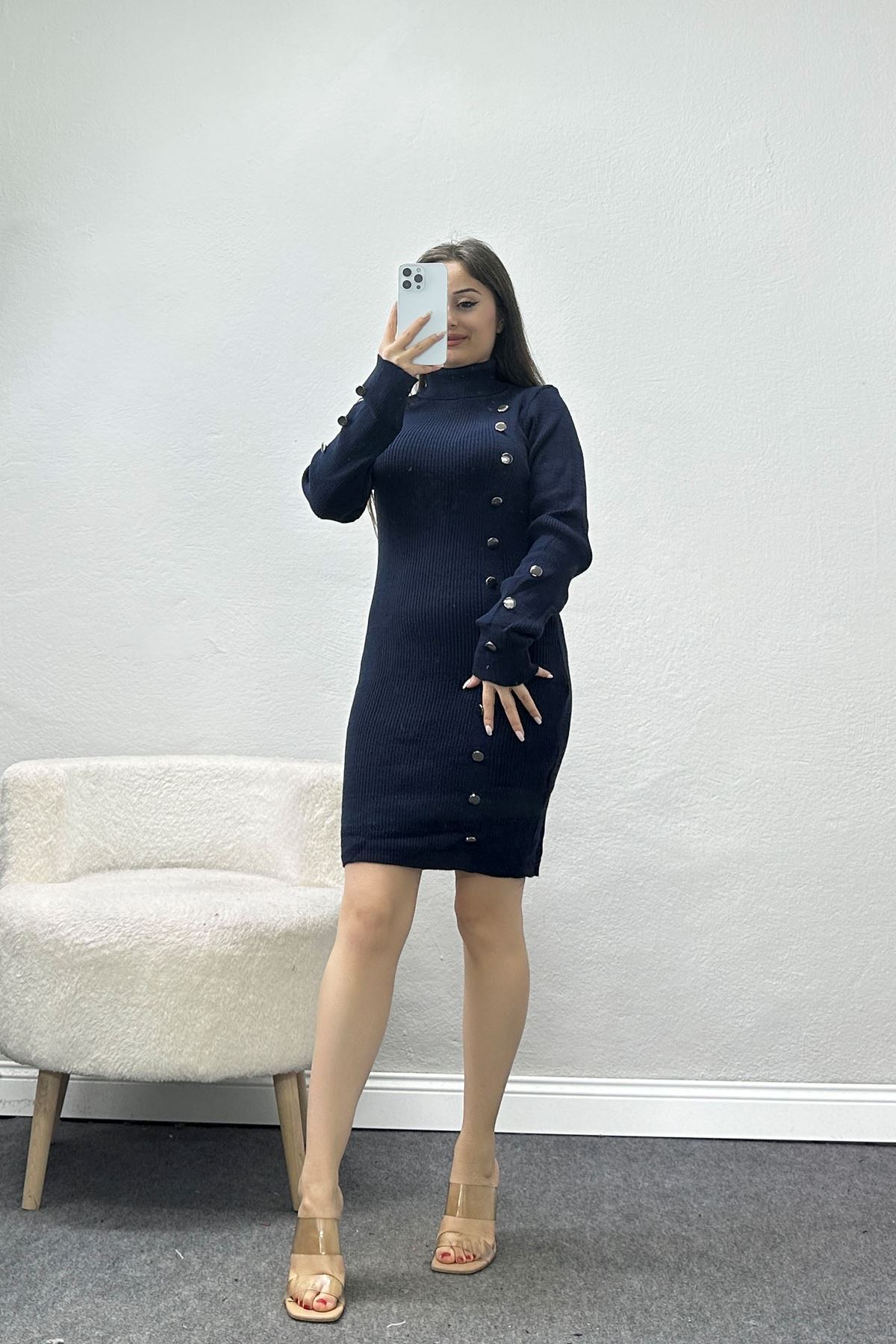 Akrilik Düğmeli Triko Elbise Lacivert - 31056.1766.