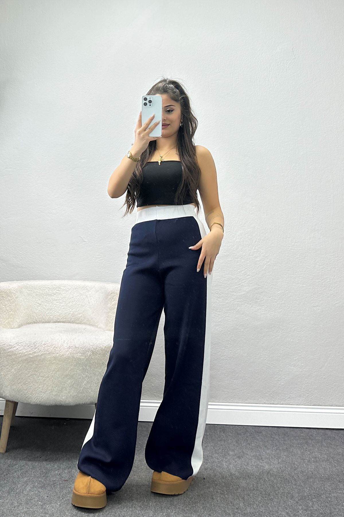 Şeritli Triko Pantolon Lacivert - 2393.1765.