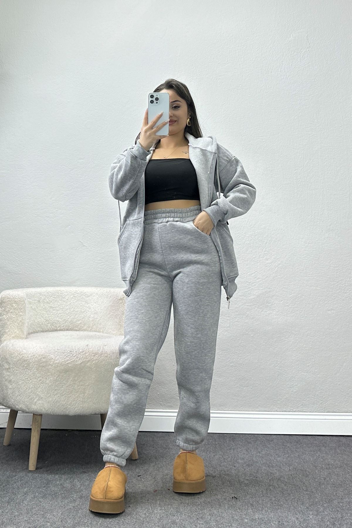 3 İplik Kapşonlu Eşofman Takımı Gri - 20255.1878.