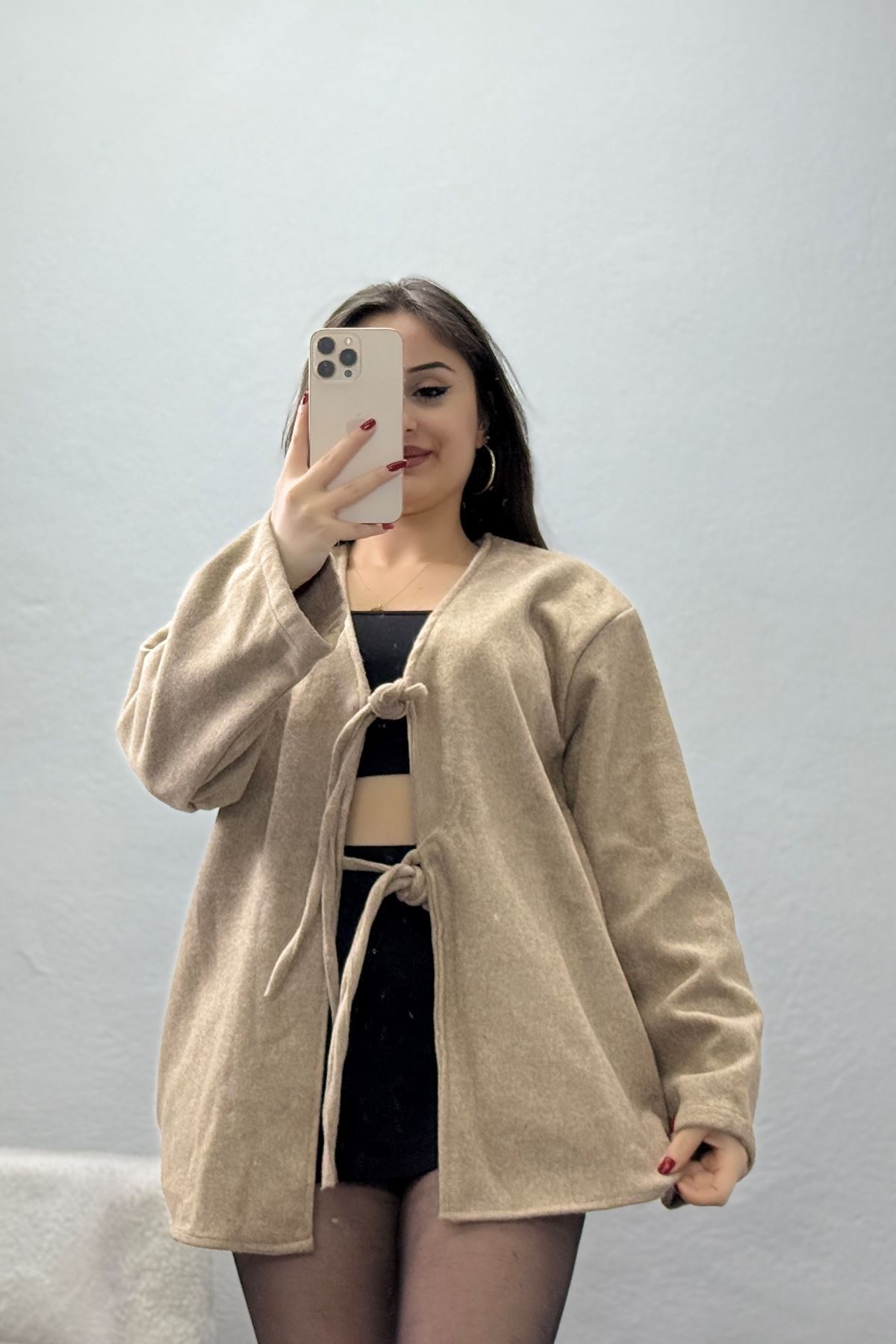 Önü Bağcıklı Kaşe Hırka Vizon - 70995.1775.