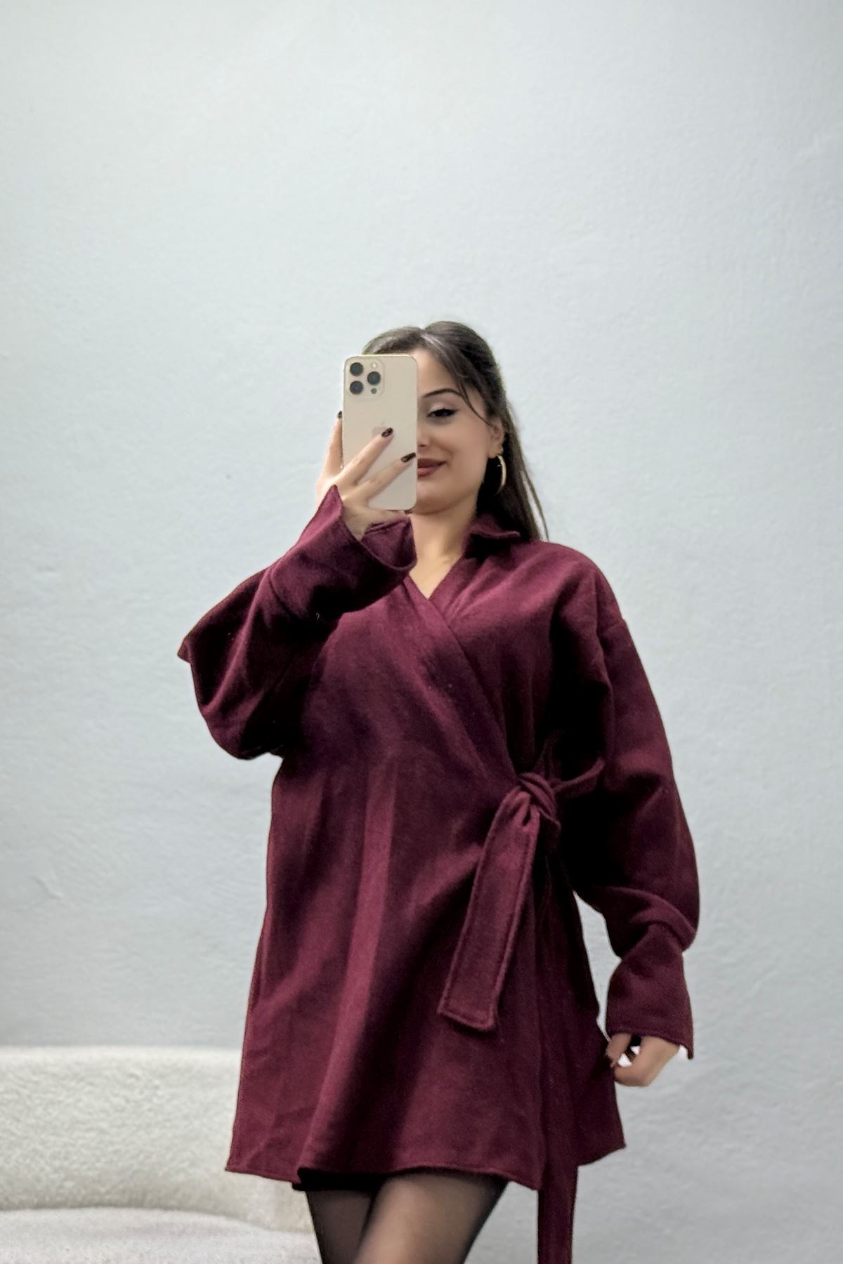 Bağlamalı Kruvaze Yaka Kaşe Ceket Bordo - 70993.1775.