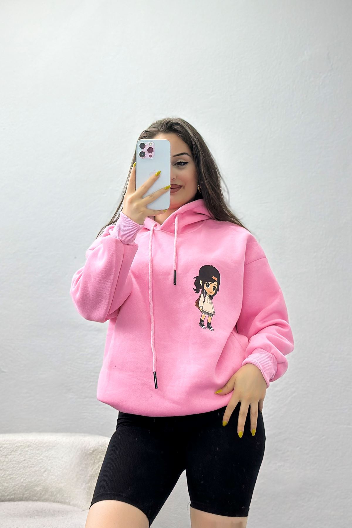 3 İplik Kapşonlu Baskılı Sweat Pembe - 42222.1878.