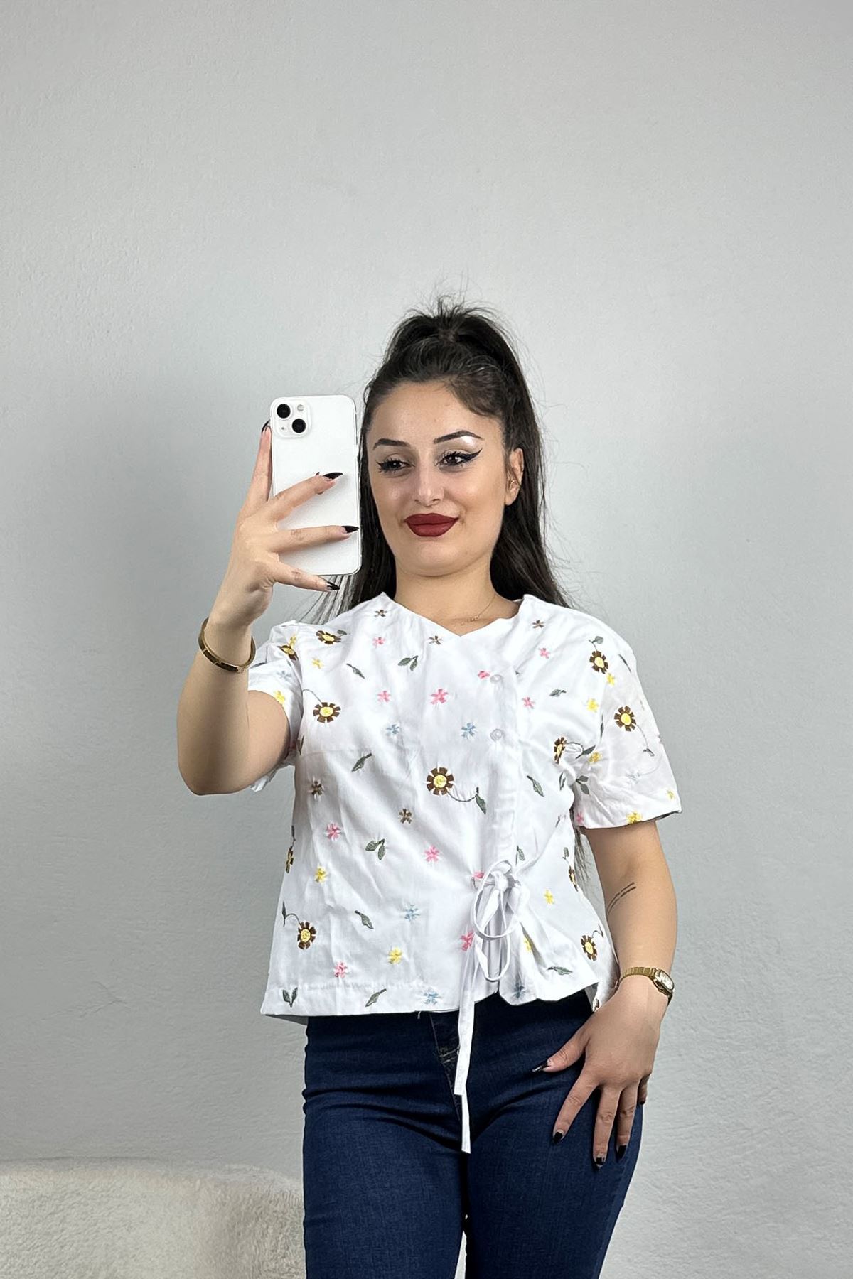 Nakışlı Balon Kol Gömlek Beyaz - 30774.1949.