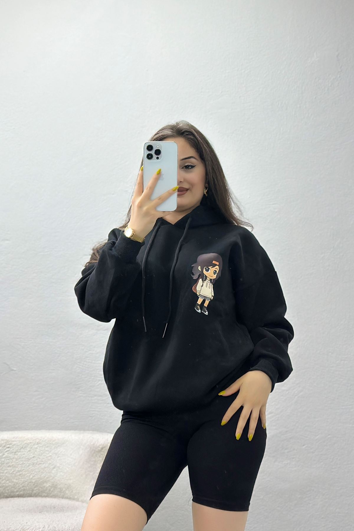 3 İplik Kapşonlu Baskılı Sweat Siyah - 42222.1878.