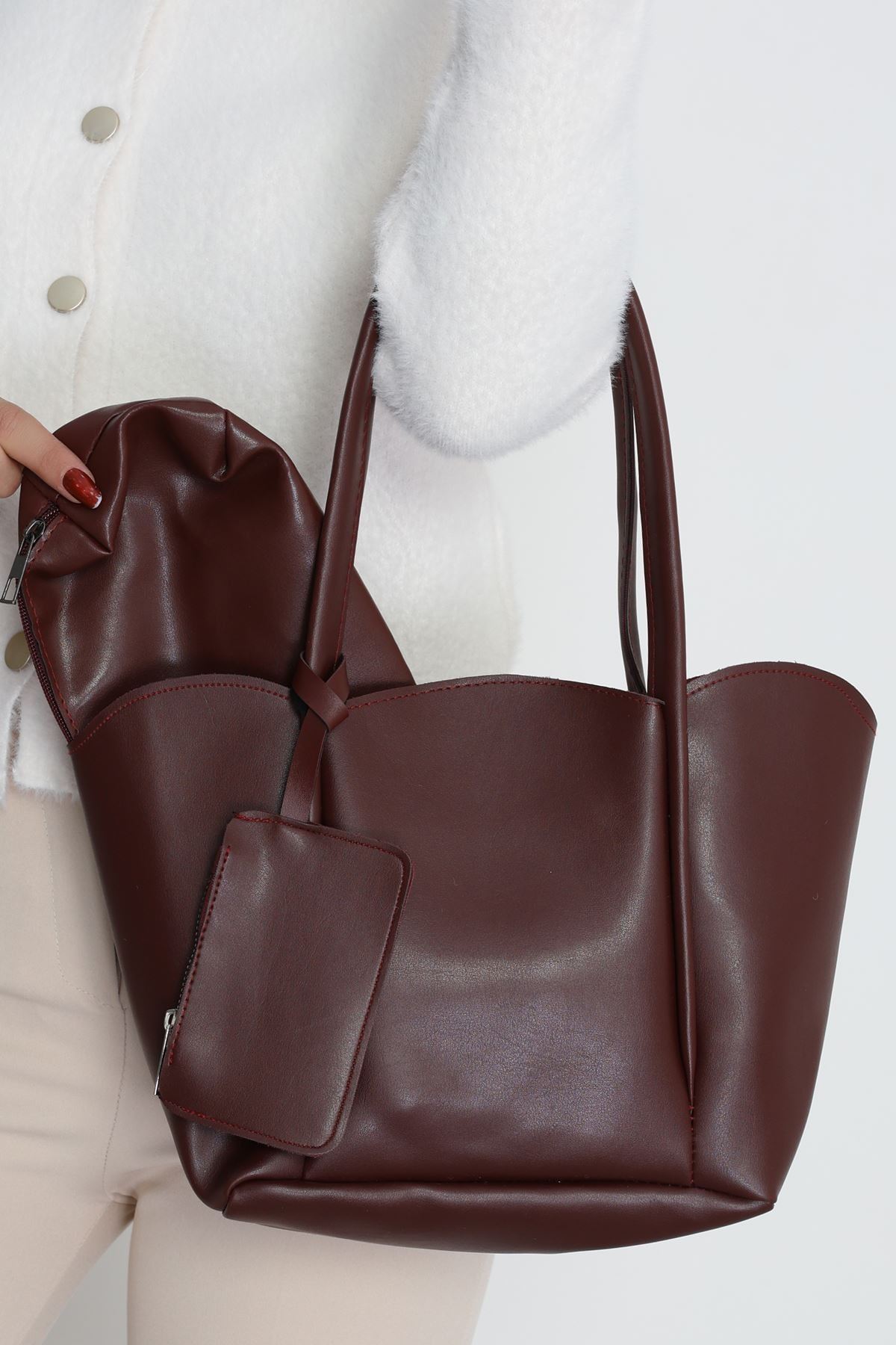 Makyaj Çantalı Ve Cüzdanlı Omuz Çantası Bordo - 31397.2063.