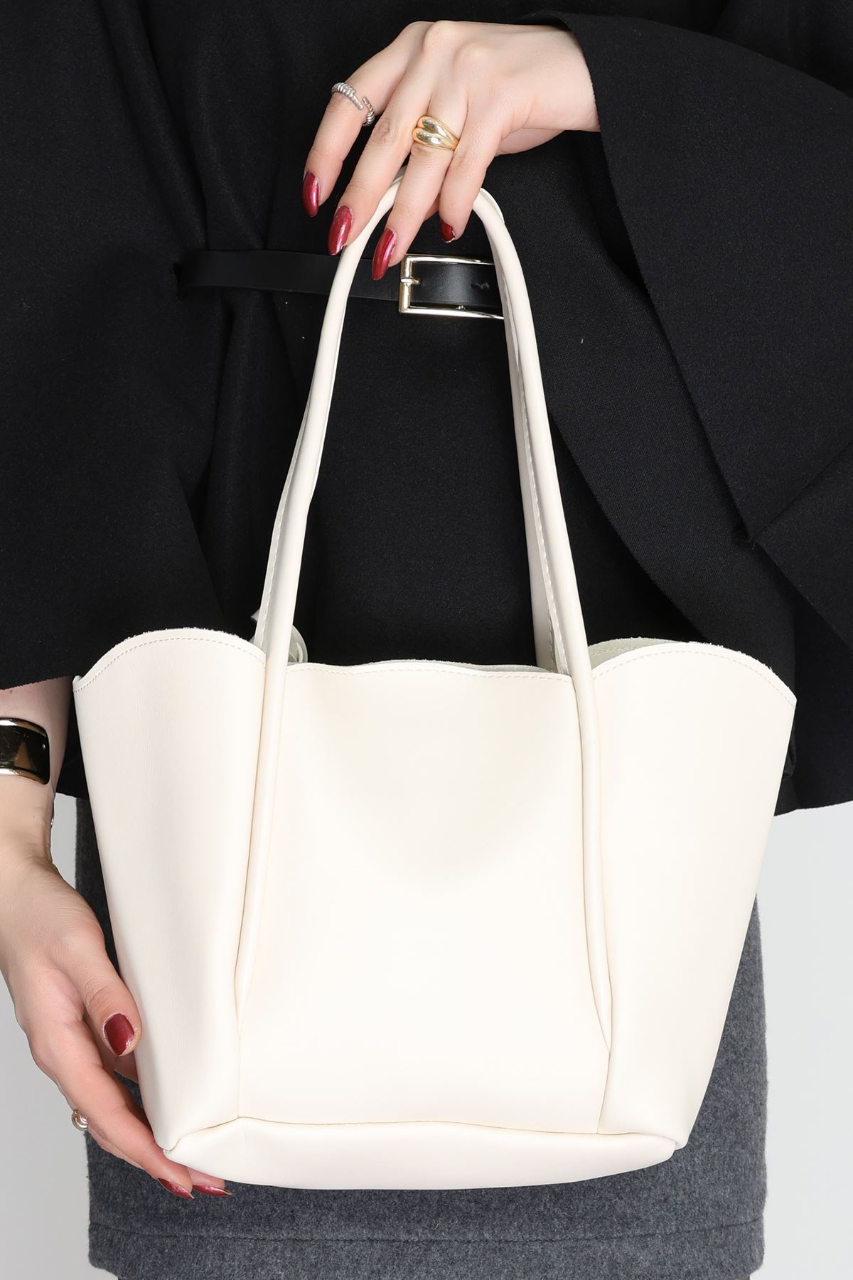 Makyaj Çantalı Ve Cüzdanlı Omuz Çantası Krem - 31397.2063.