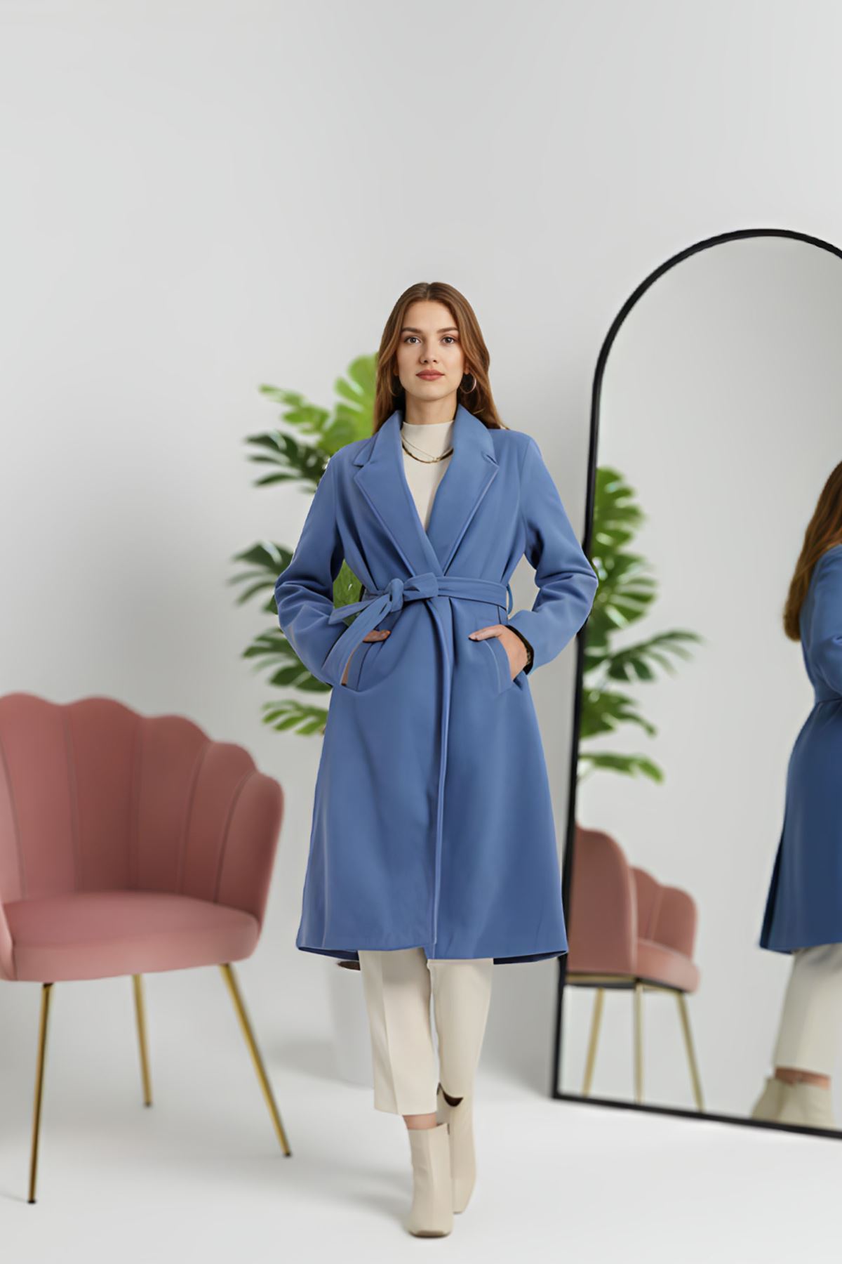 110 Cm Astarlı Kaşe Kaban İndigo - 90038.1839.