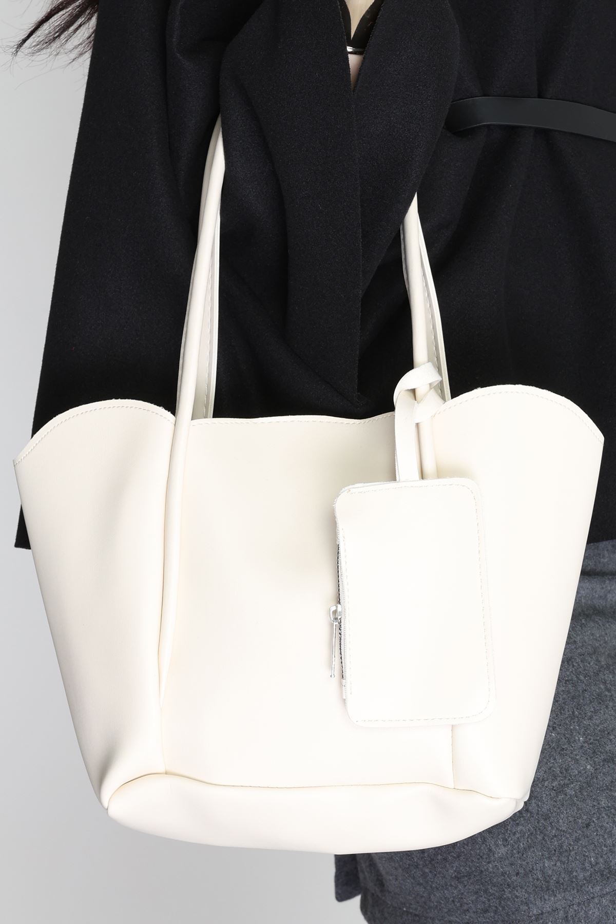 Makyaj Çantalı Ve Cüzdanlı Omuz Çantası Krem - 31397.2063.